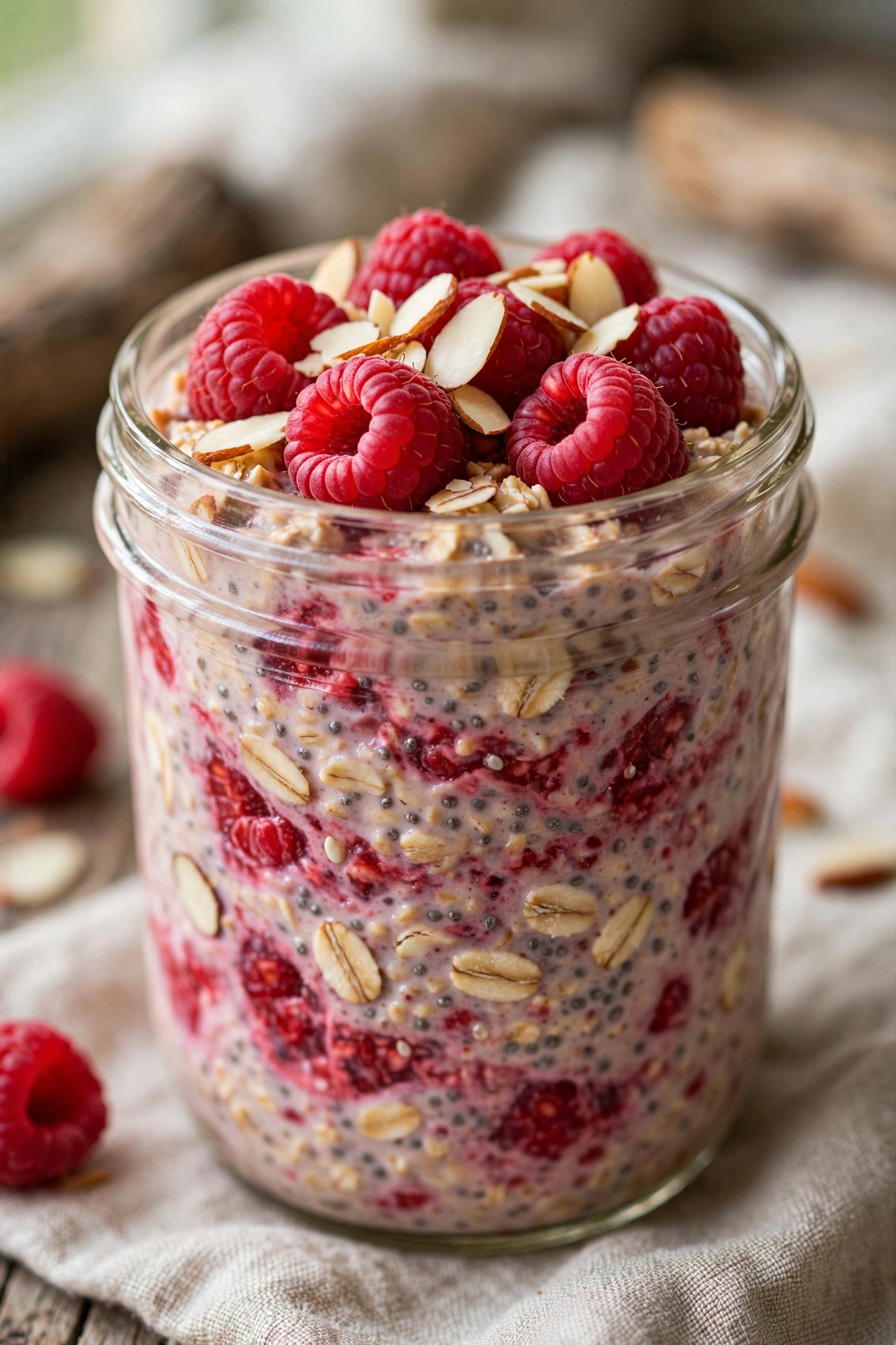 Raspberry almond overnight oats with sliced almonds