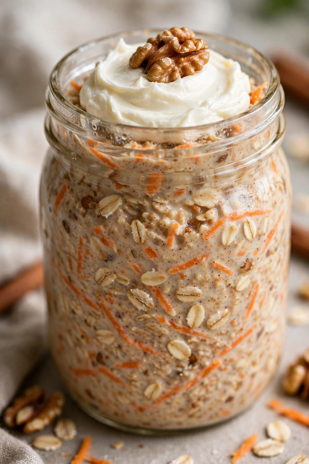 Carrot cake overnight oats with cream cheese dollop