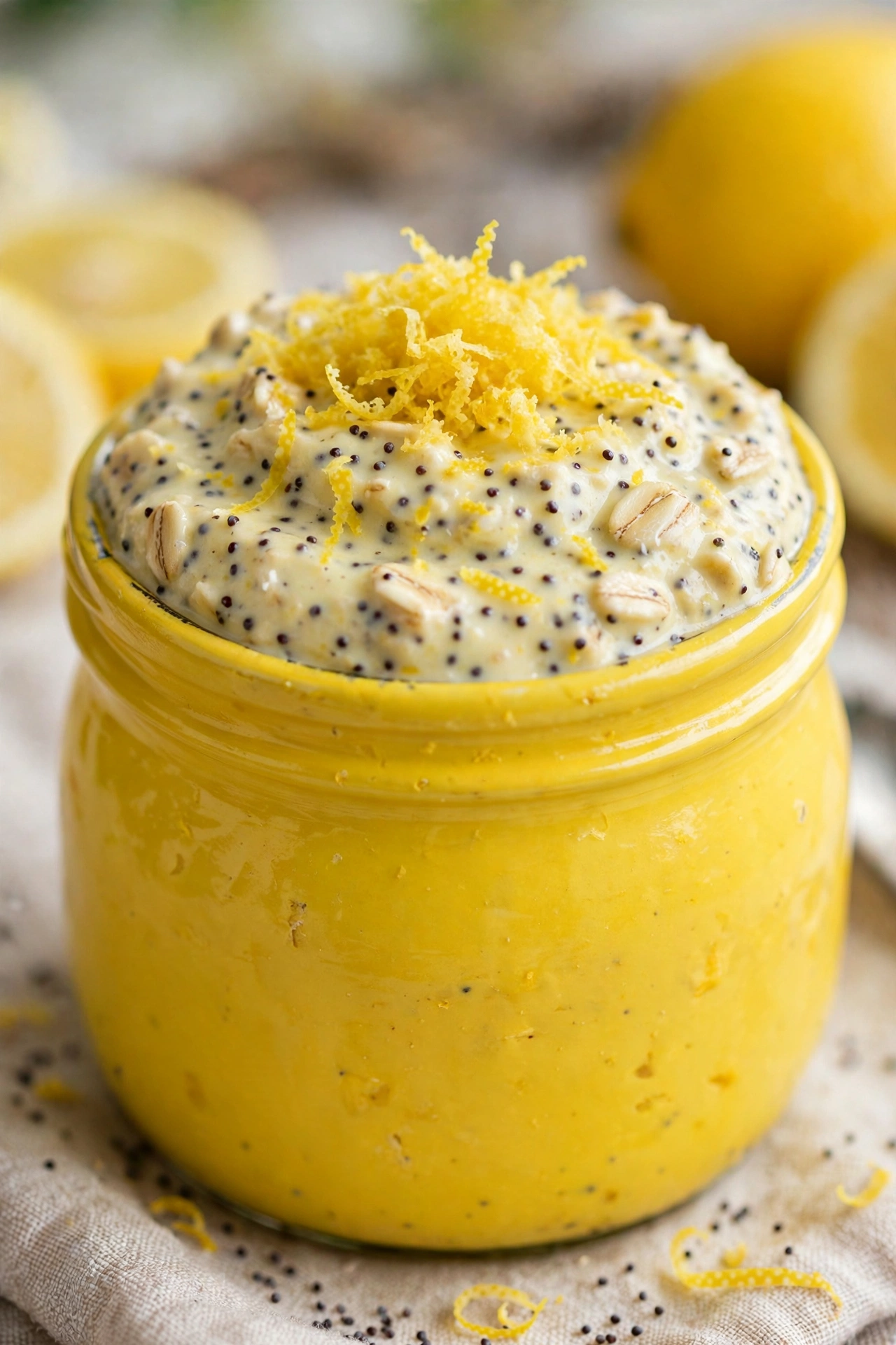 Lemon poppy seed overnight oats bright yellow with zest