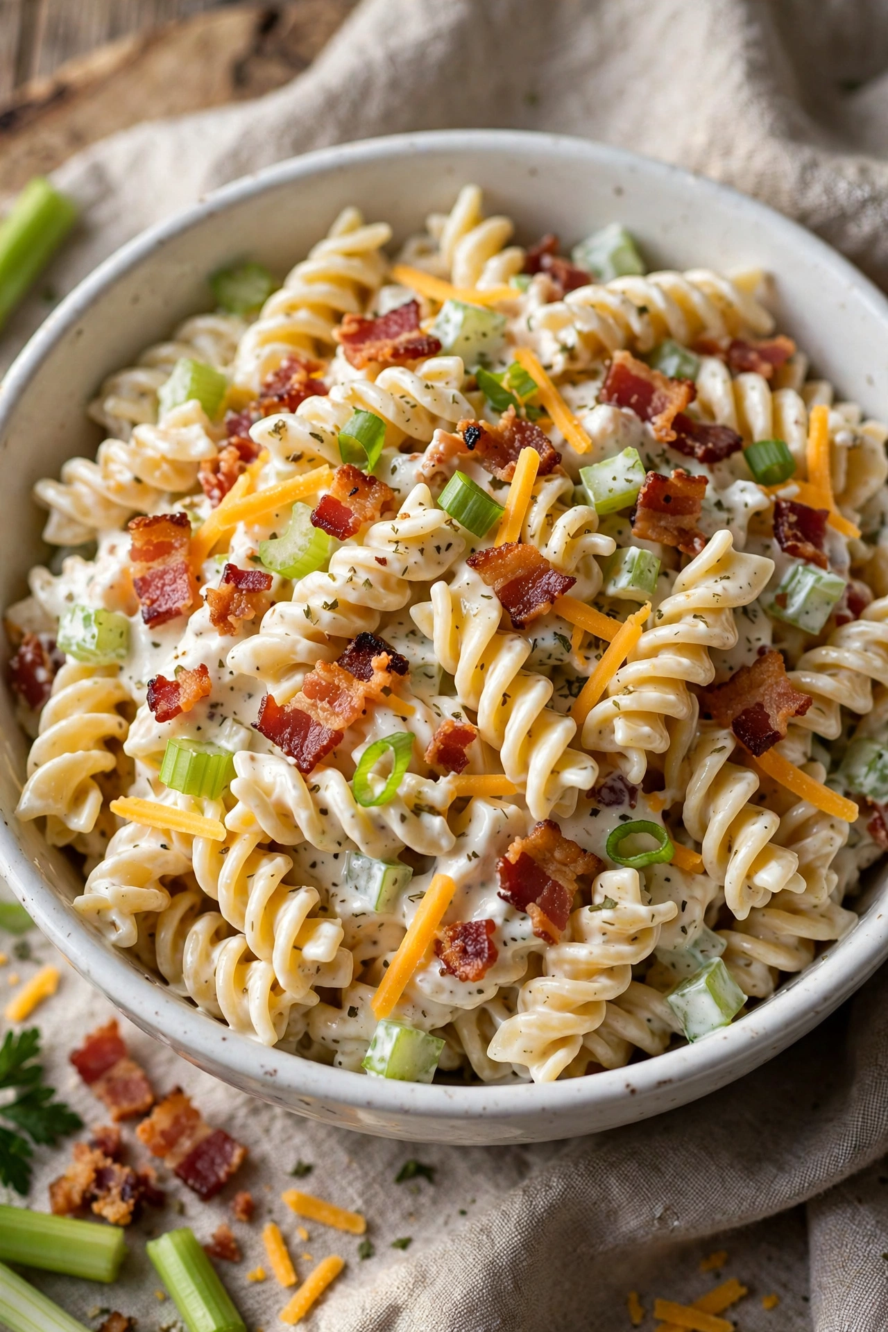 Close-up of classic Italian pasta salad with tri-color rotini, cherry tomatoes, mozzarella pearls, and black olives in a white bowl