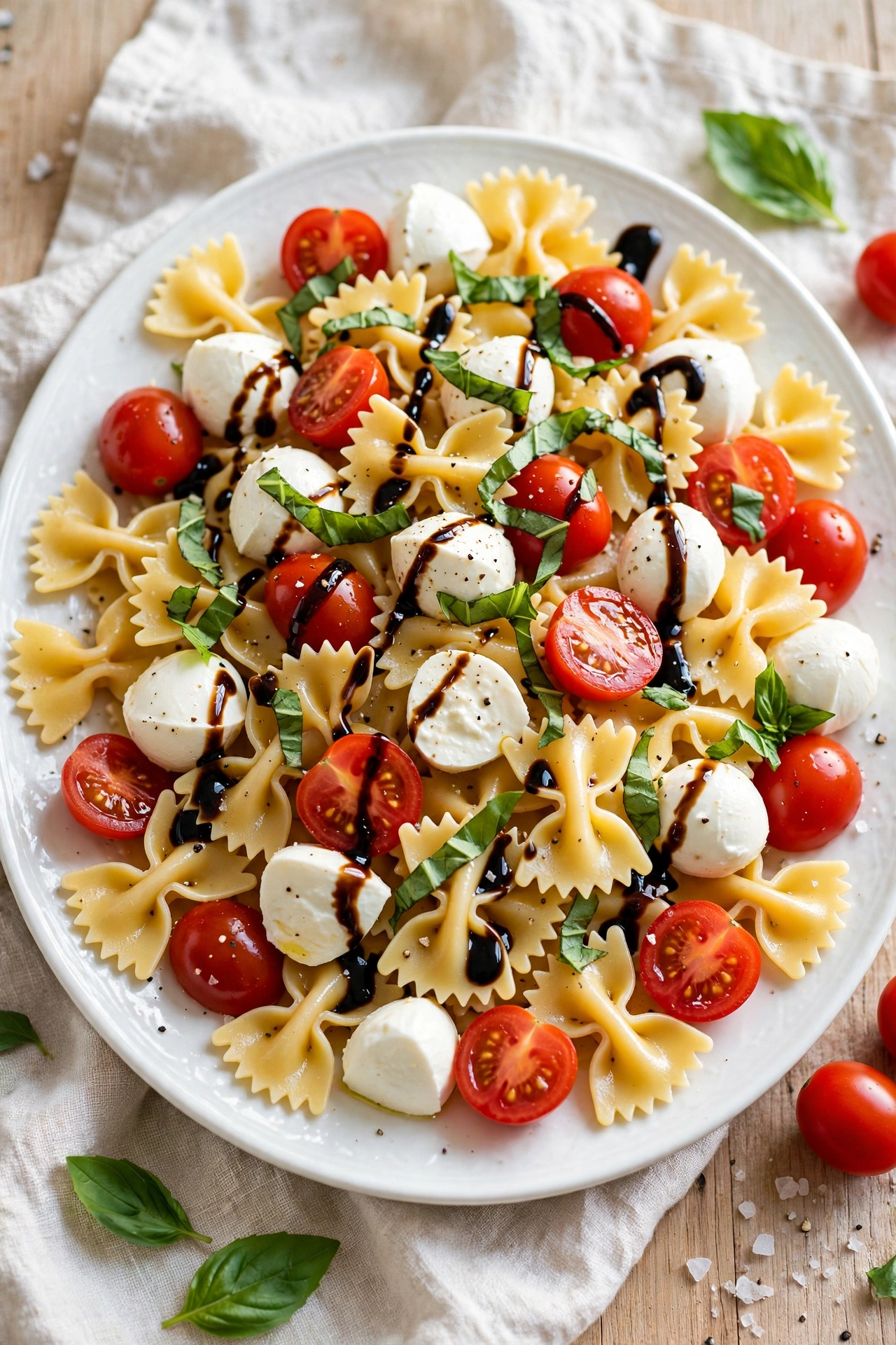 Greek pasta salad with penne, crumbled feta, cucumber, cherry tomatoes, and kalamata olives in a glass bowl