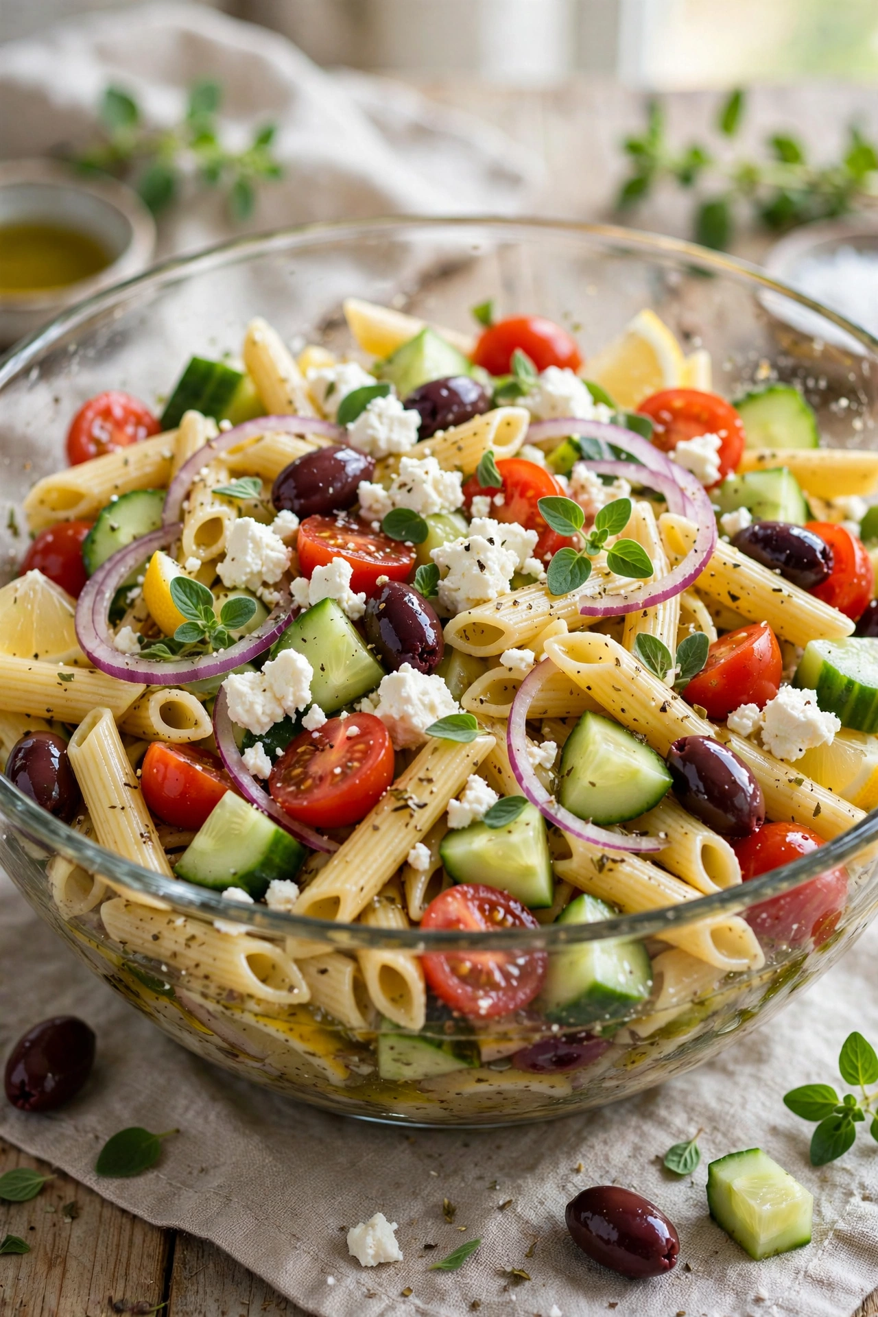 Caprese pasta salad with farfalle, fresh mozzarella balls, cherry tomatoes, and basil drizzled with balsamic glaze
