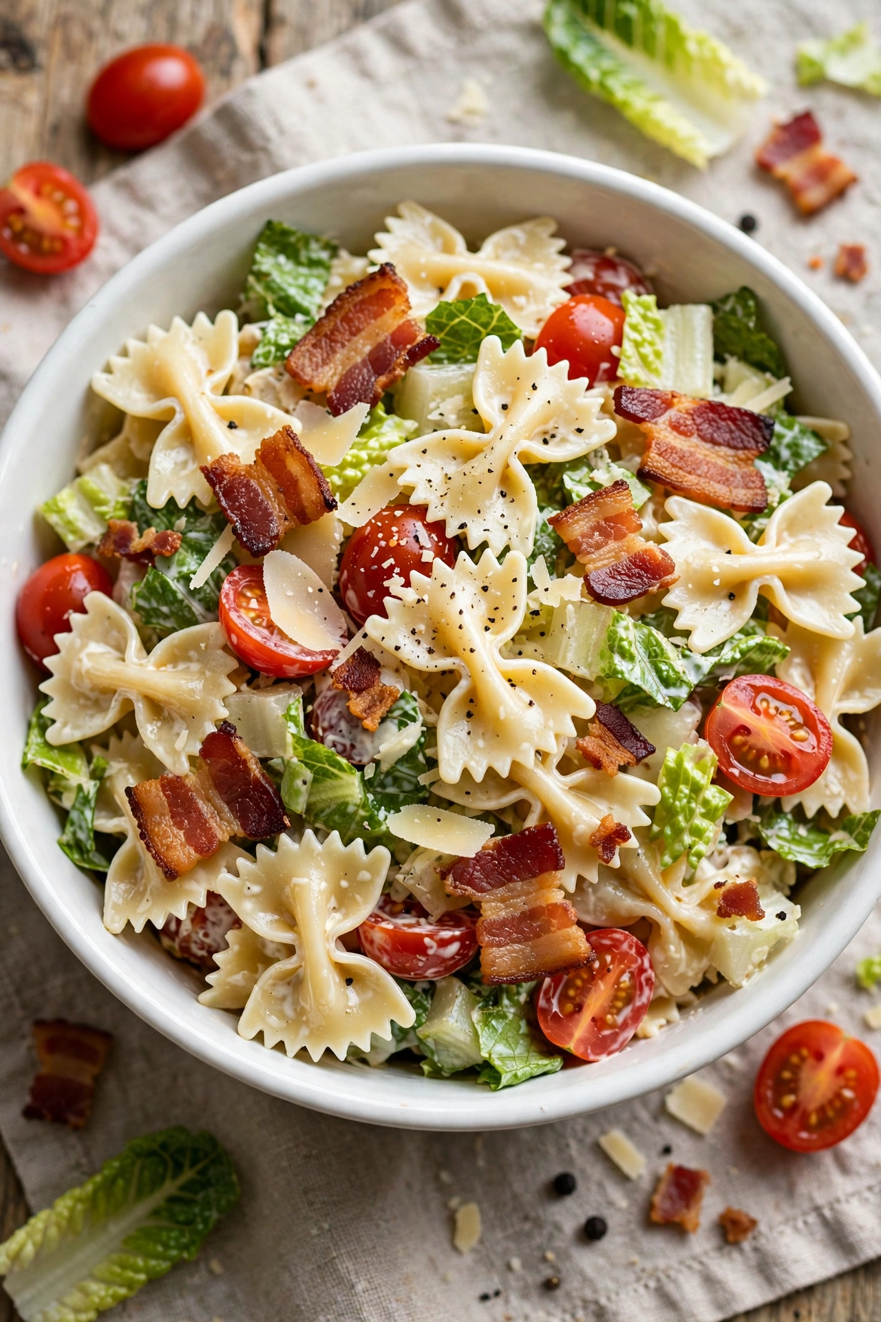 Basil pesto pasta salad with rotini, toasted pine nuts, parmesan, and sun-dried tomatoes in a wooden bowl