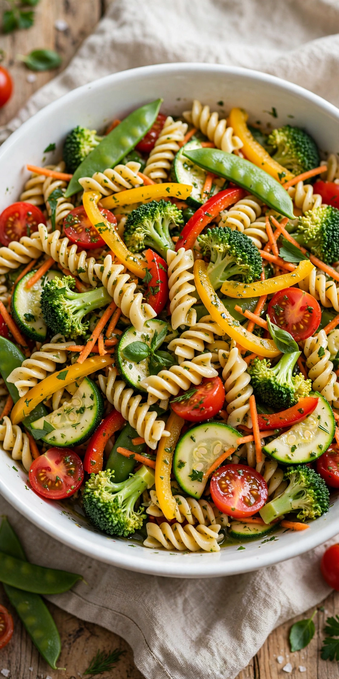 Garden veggie pasta salad with rotini, broccoli, bell peppers, carrots, snap peas, and cherry tomatoes