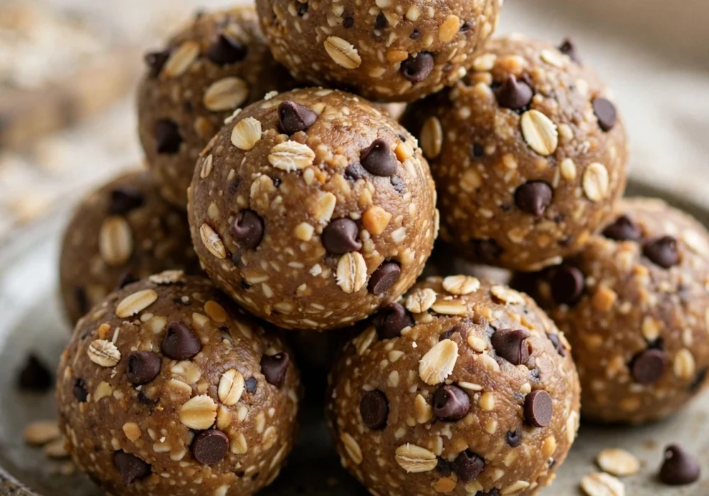 Peanut butter energy balls rolled in oats with mini chocolate chips on a plate