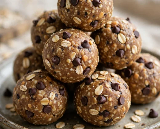 Peanut butter energy balls rolled in oats with mini chocolate chips on a plate