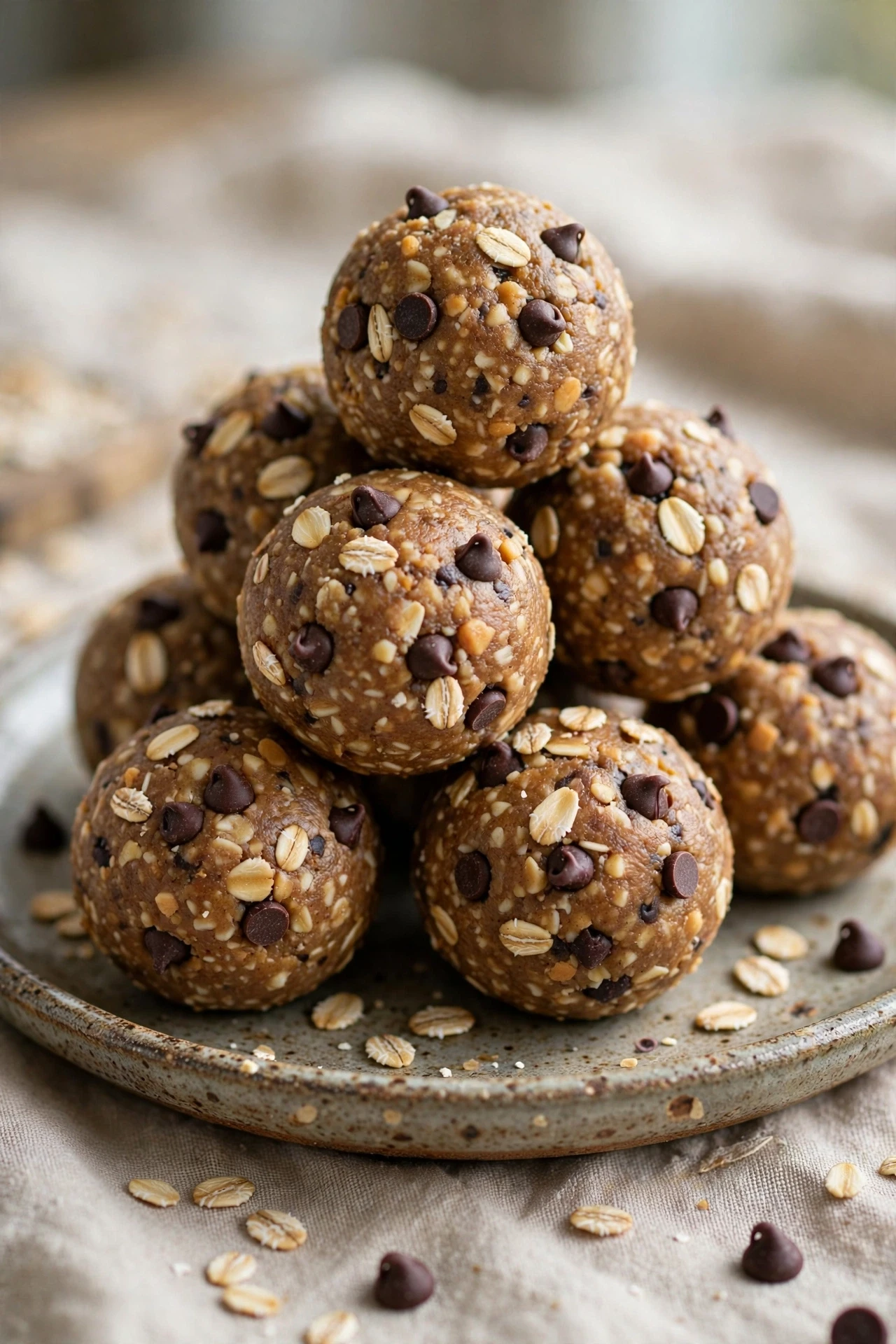 Peanut butter energy balls rolled in oats with mini chocolate chips on a plate