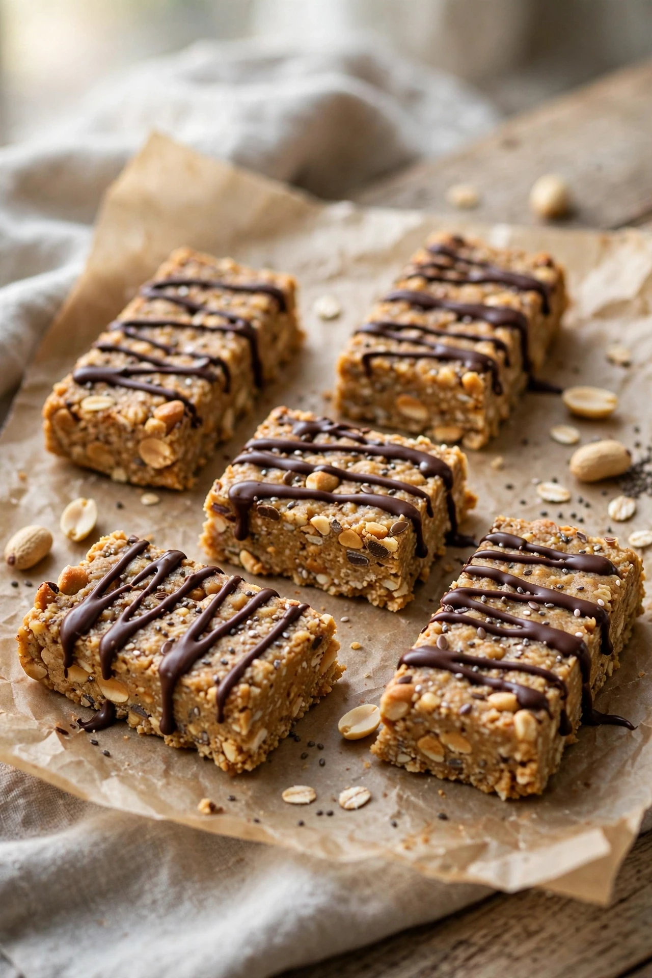 Stacked no-bake peanut butter protein bars with chocolate drizzle