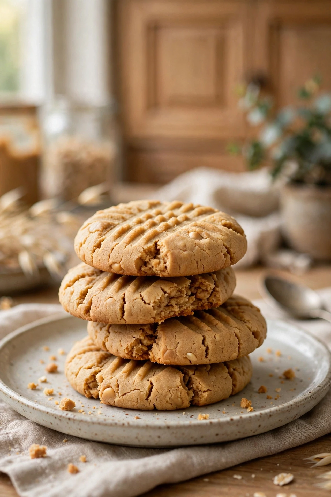 Chewy peanut butter protein cookies with fork crosshatch marks