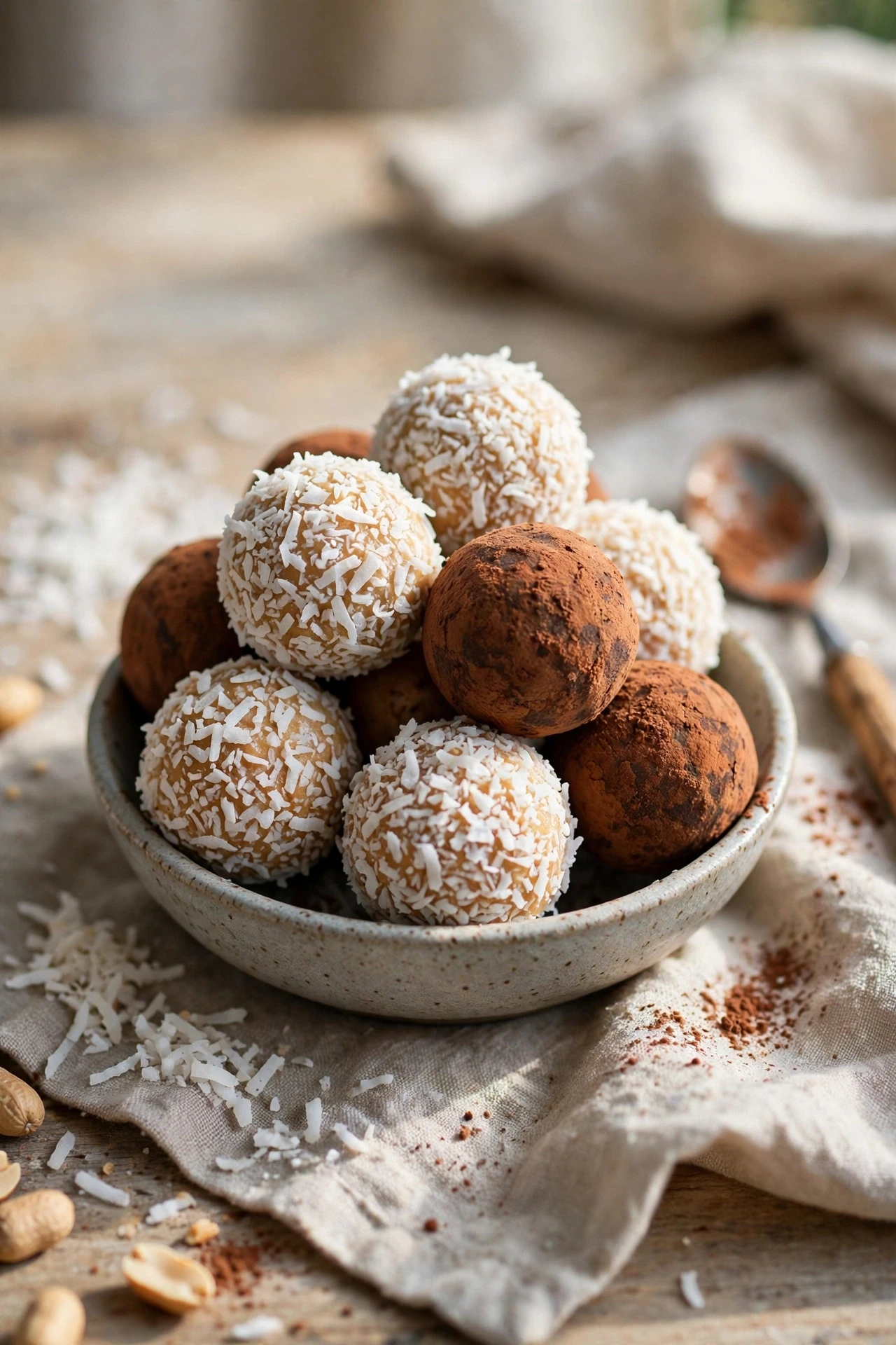 Chocolate peanut butter bliss balls dusted with cocoa on parchment
