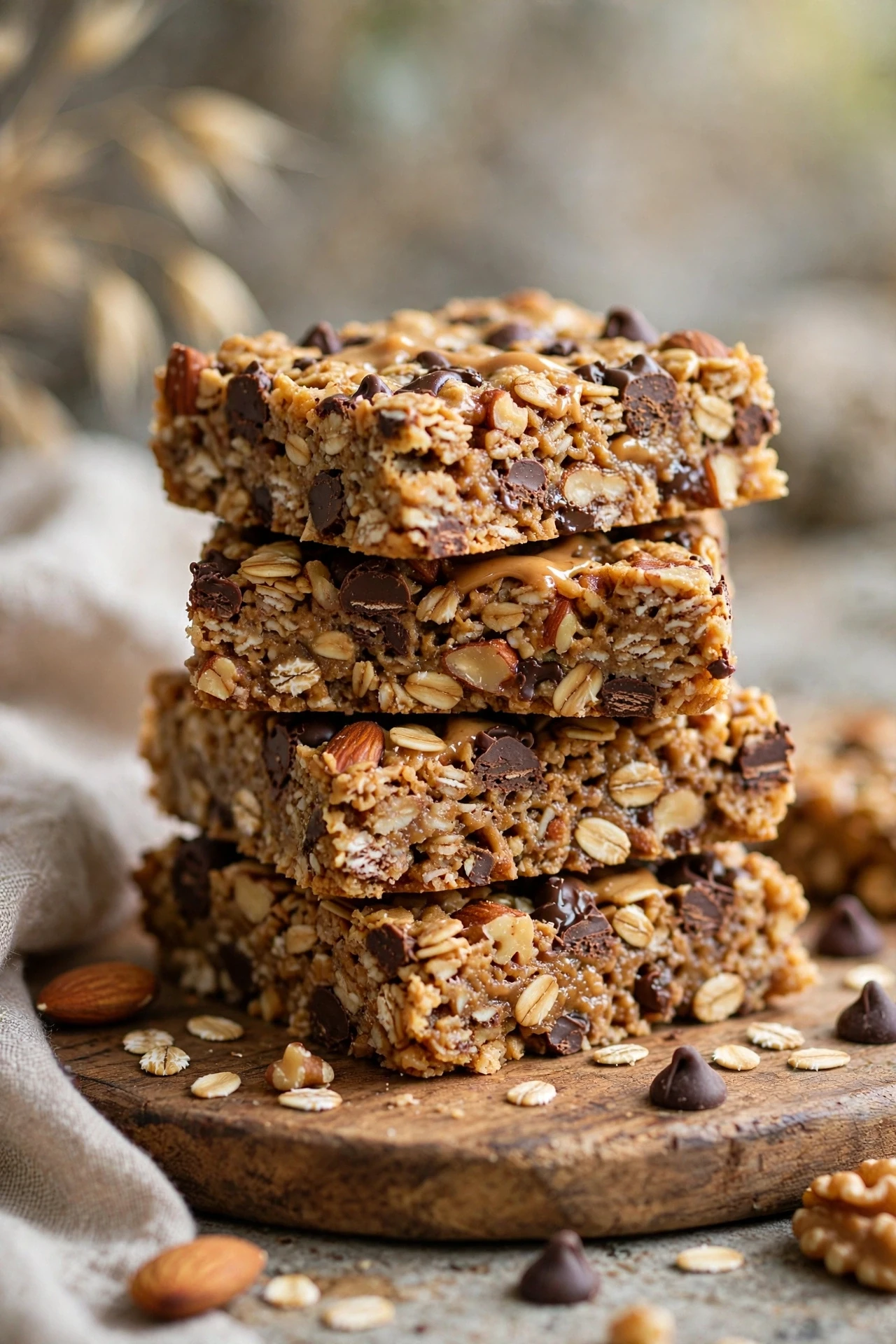 Homemade peanut butter granola bars with oats and peanuts cut in a pan