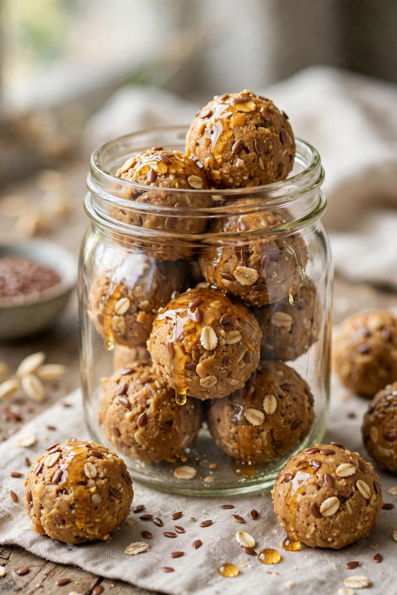 Oatmeal peanut butter protein bites with banana slices in a bowl