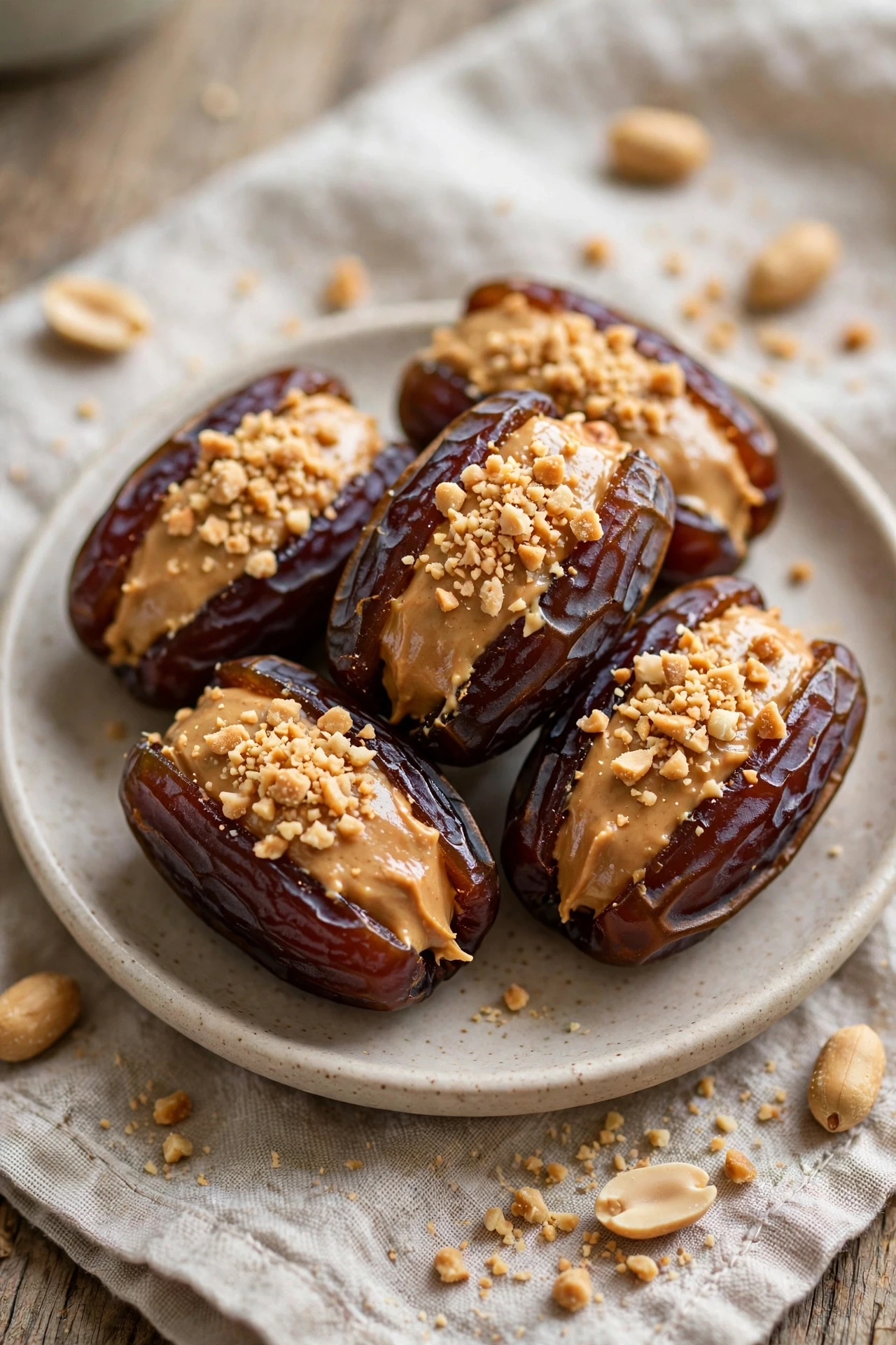 Medjool dates stuffed with peanut butter and topped with peanuts