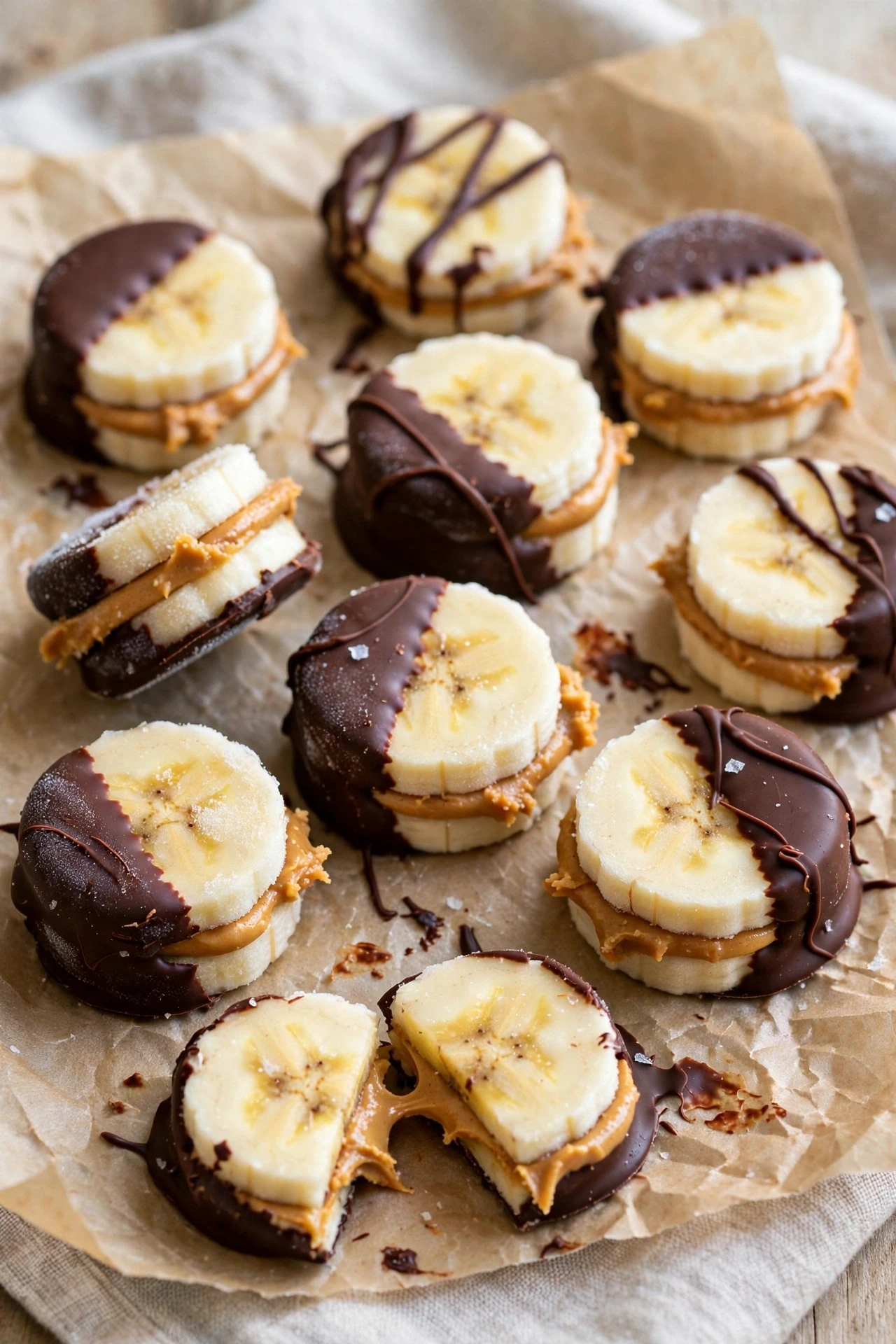 Frozen banana slices with peanut butter filling dipped in chocolate