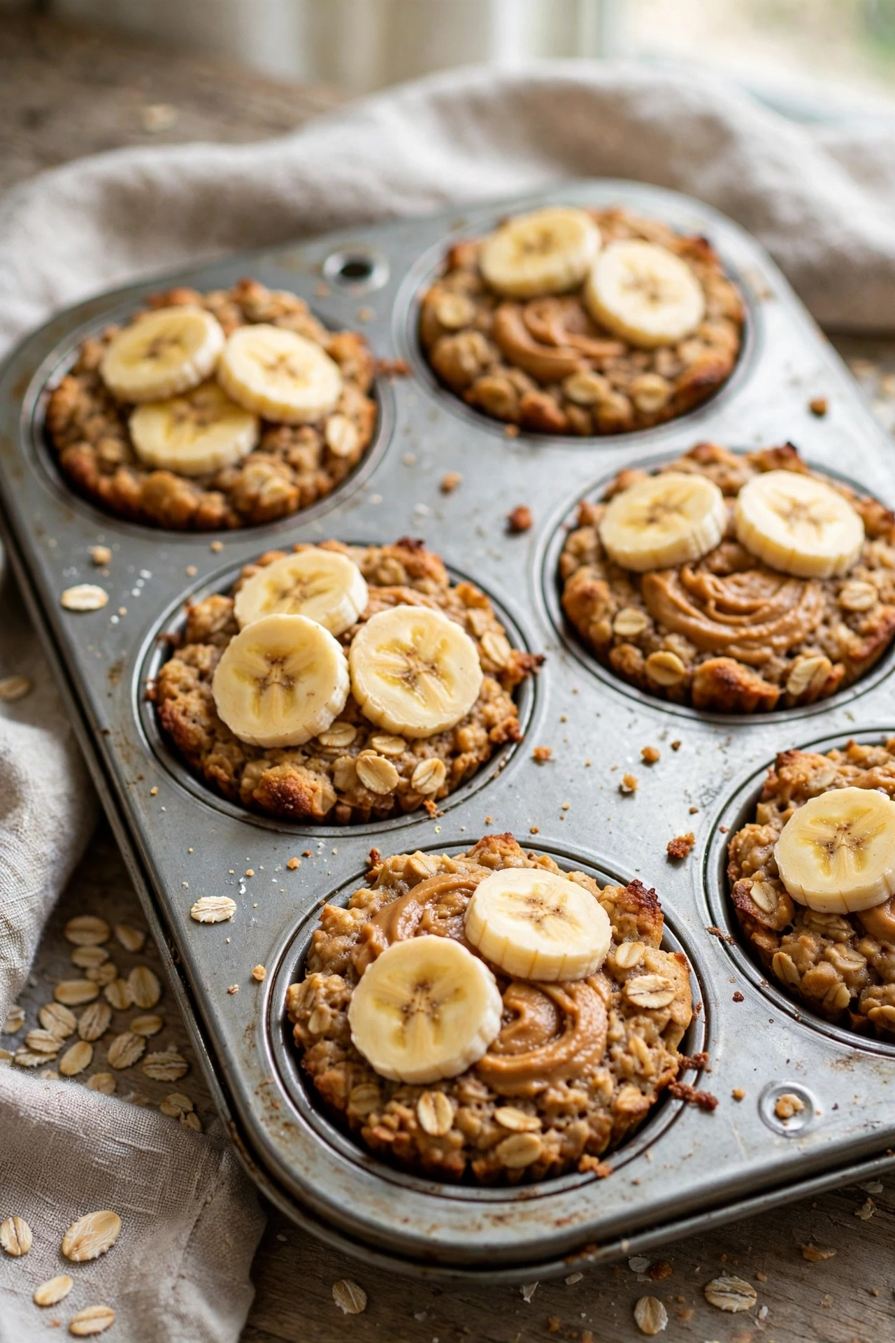 Baked peanut butter oatmeal cups with banana and chocolate chips in muffin tin