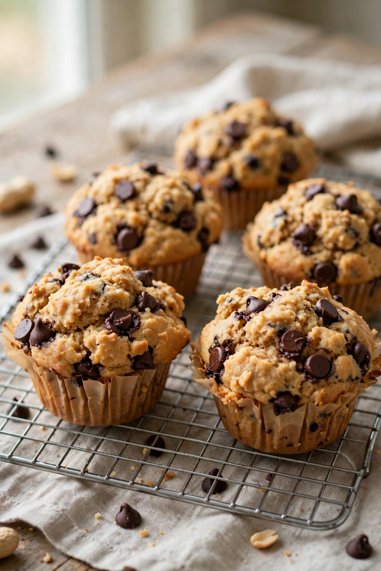 Fluffy peanut butter protein muffins with a swirl on top