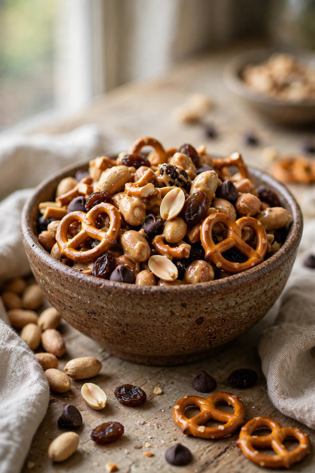 High-protein trail mix with peanuts, chocolate chips and dried fruit in a bowl