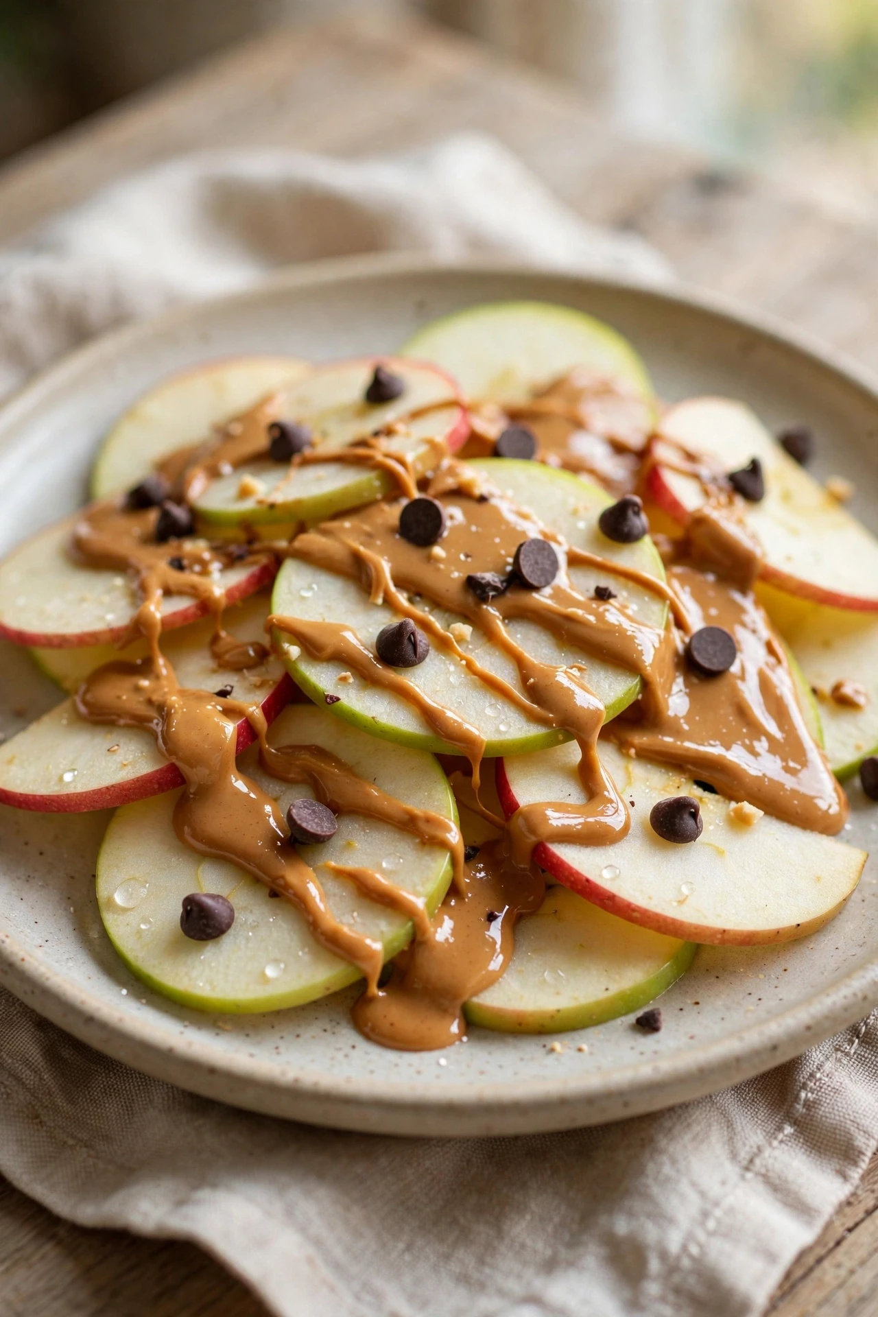 Apple nachos arranged on a platter with peanut butter drizzle and toppings