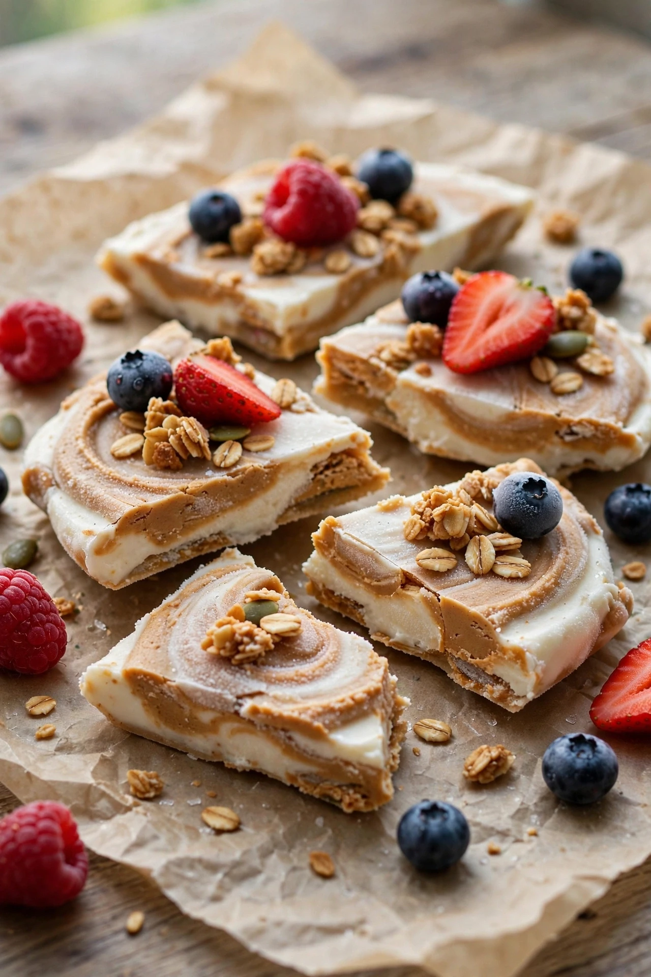 Frozen peanut butter yogurt bark broken into pieces with berries