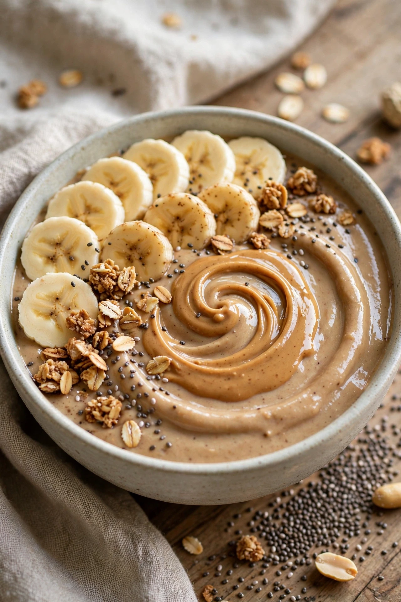 Thick peanut butter protein smoothie bowl topped with granola and banana