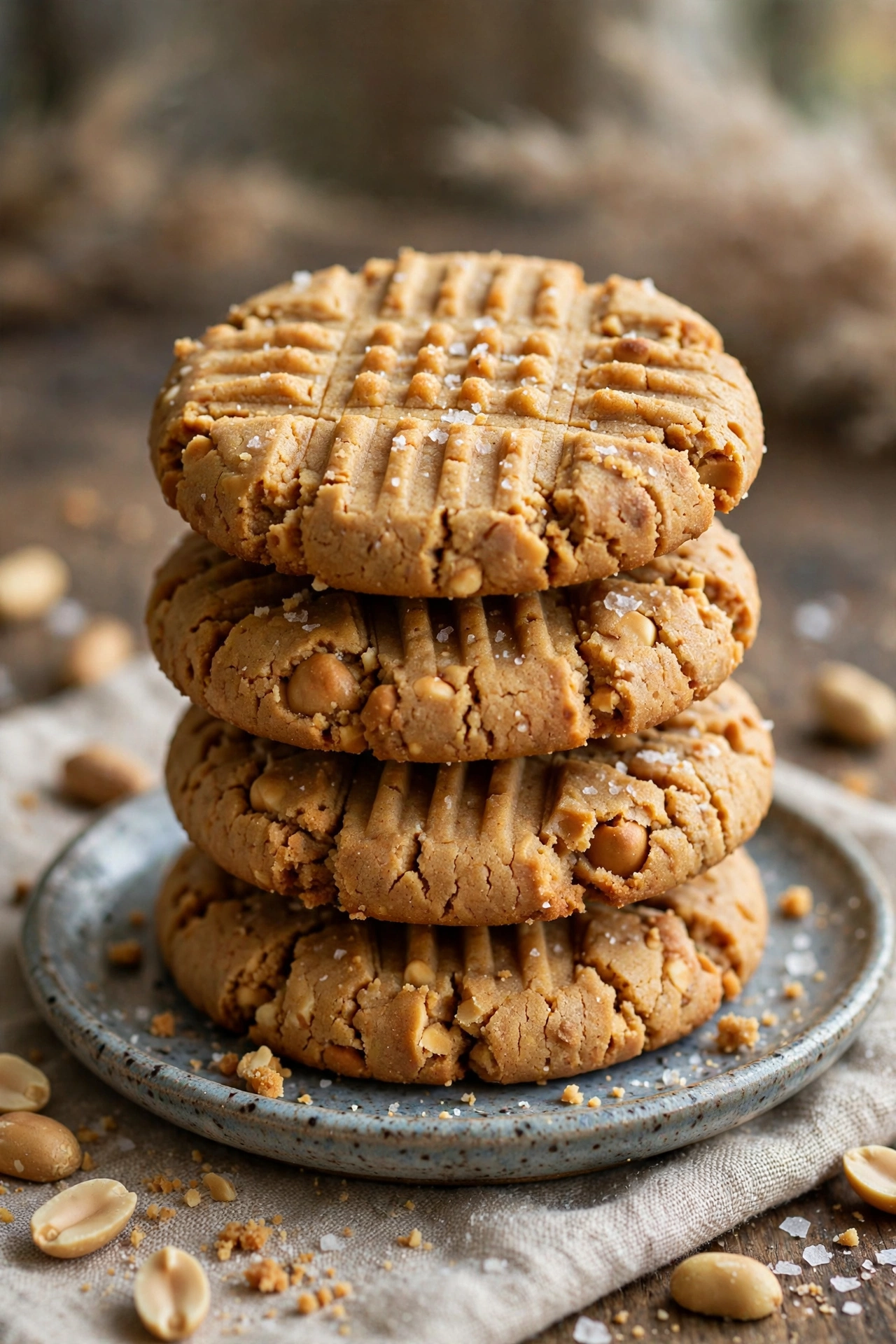 Peanut butter cookies with crosshatch marks stacked