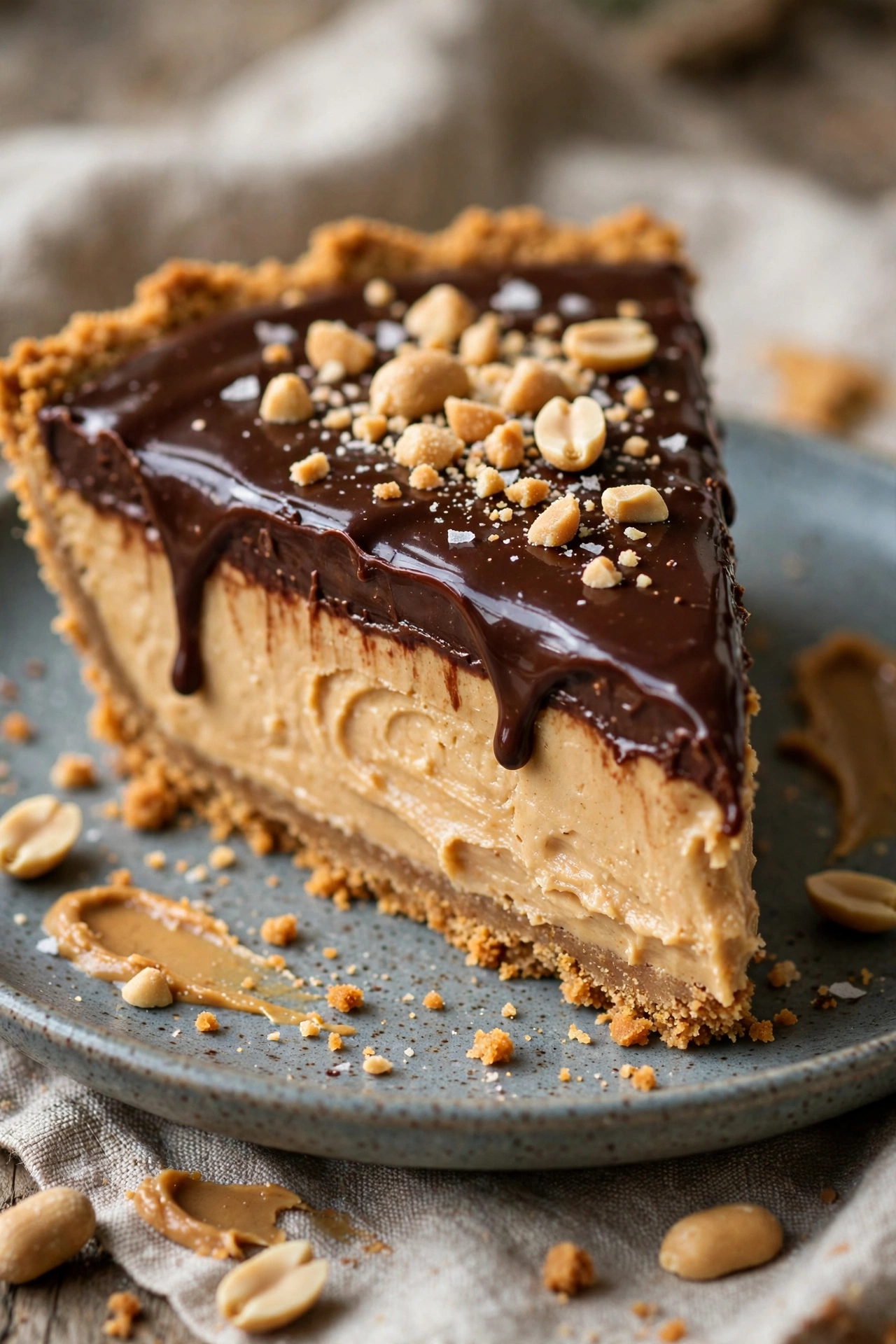 Peanut butter pie slice with chocolate ganache top