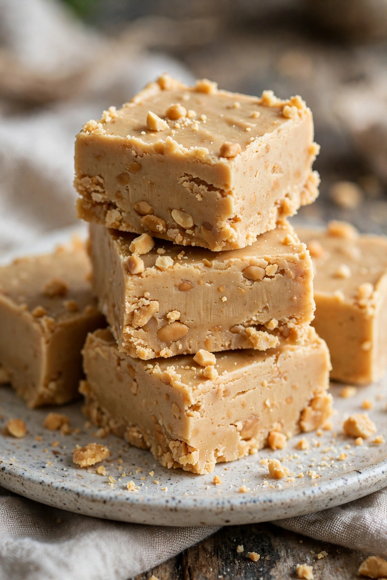 Peanut butter fudge squares stacked