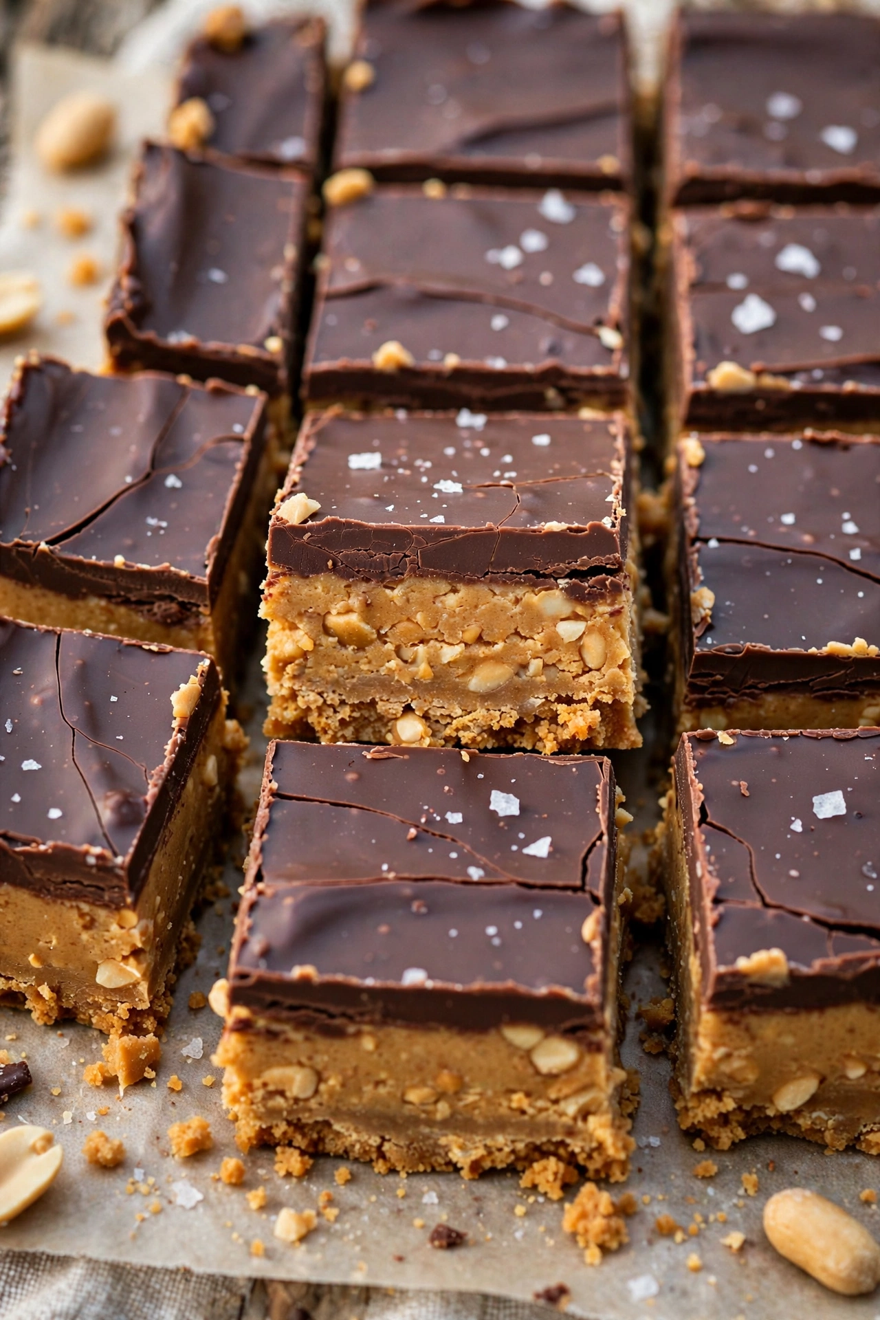 Peanut butter bars with chocolate top layer cut in squares