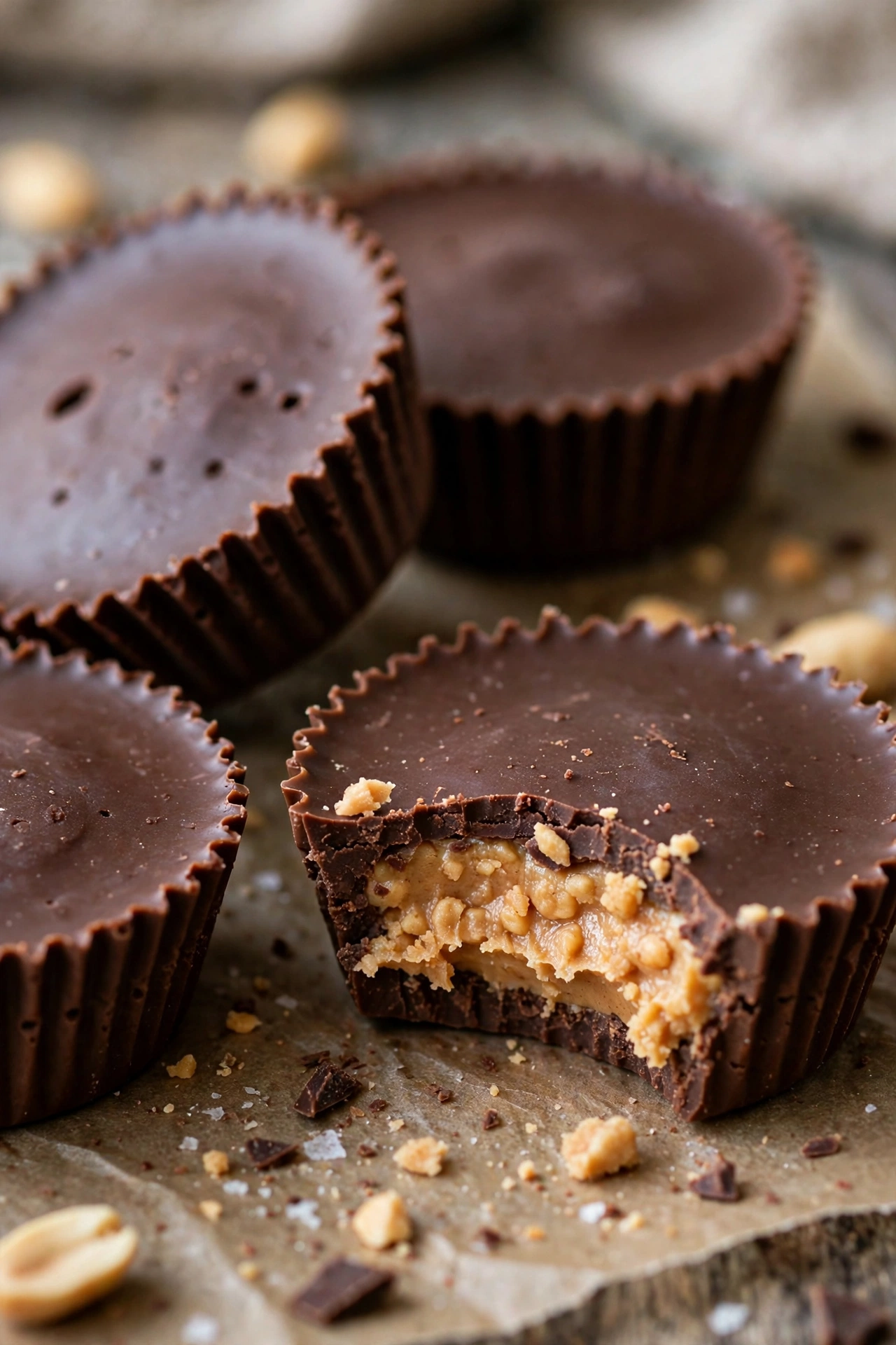Homemade peanut butter cups with ridged chocolate shells
