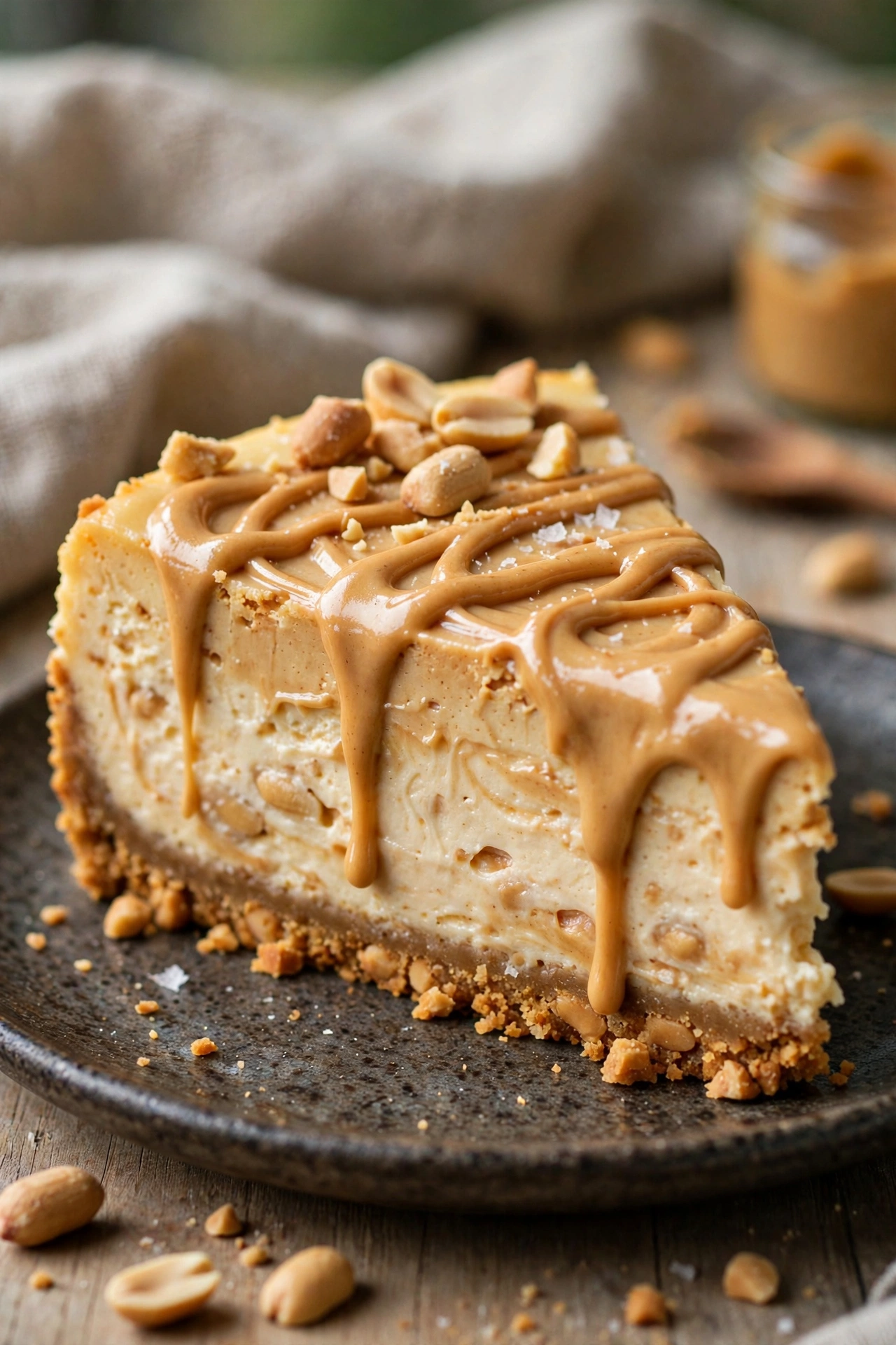 Peanut butter cheesecake with peanut butter drizzle