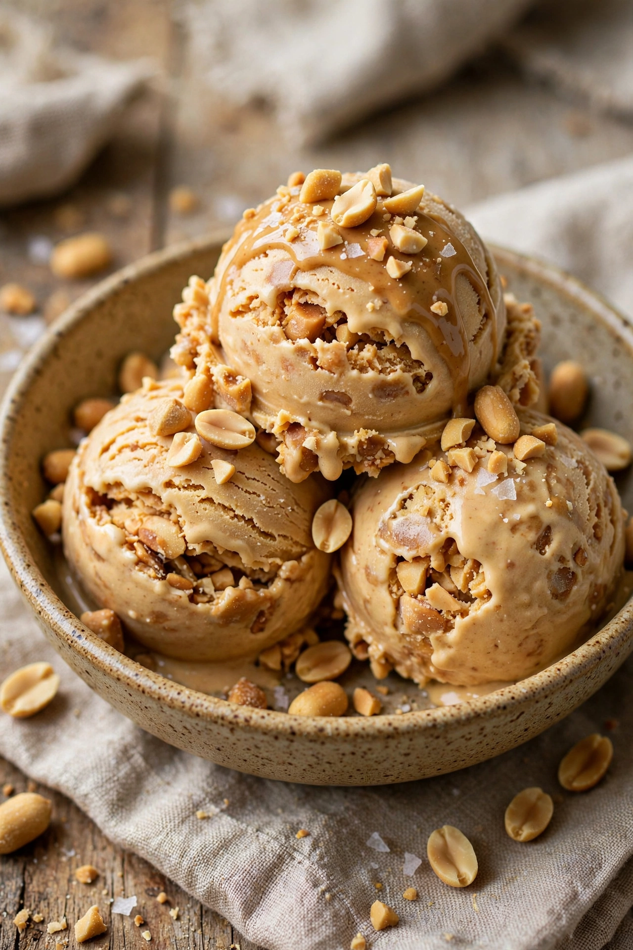 Peanut butter ice cream scoops with peanut chunks