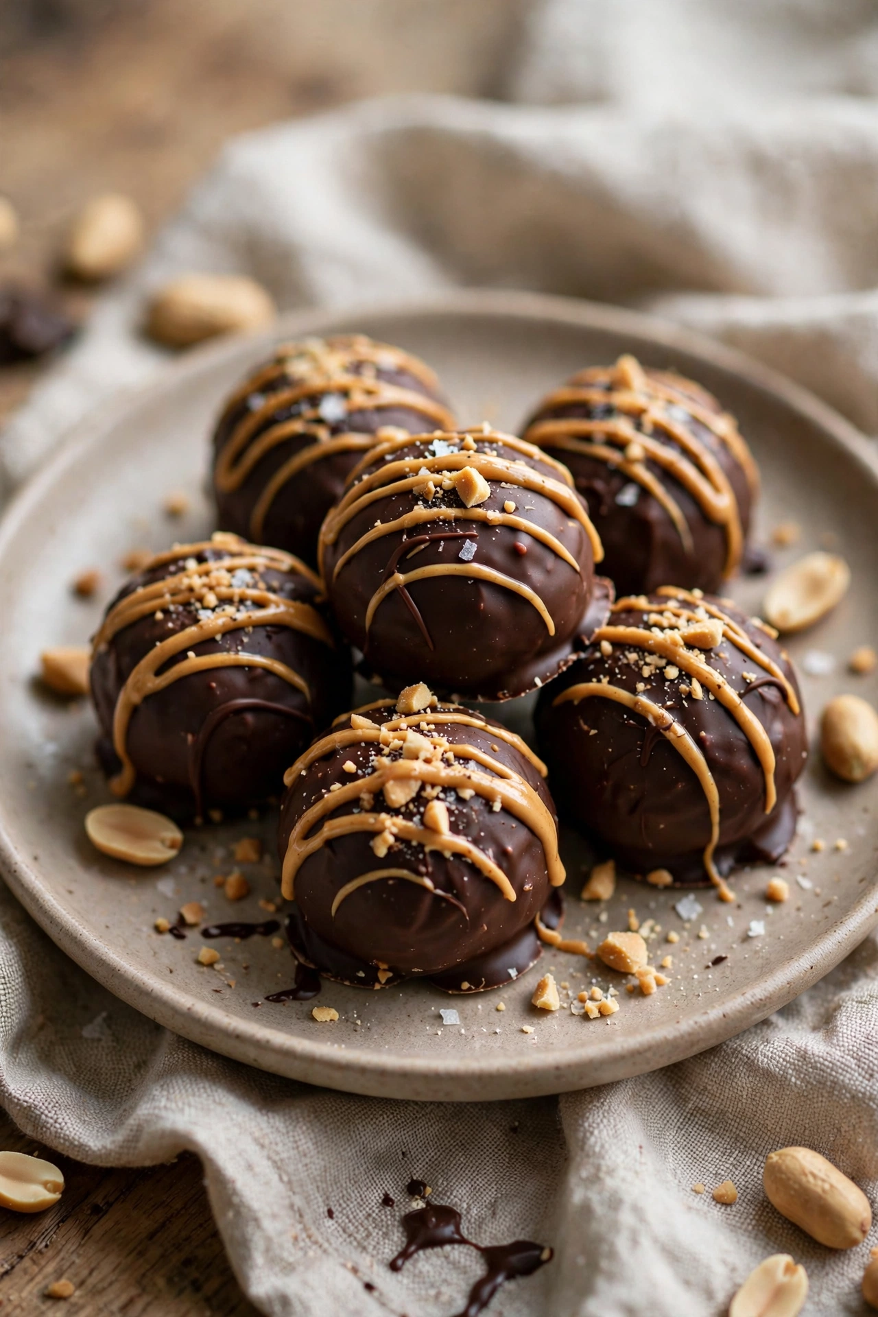 Peanut butter truffles coated in chocolate with drizzle