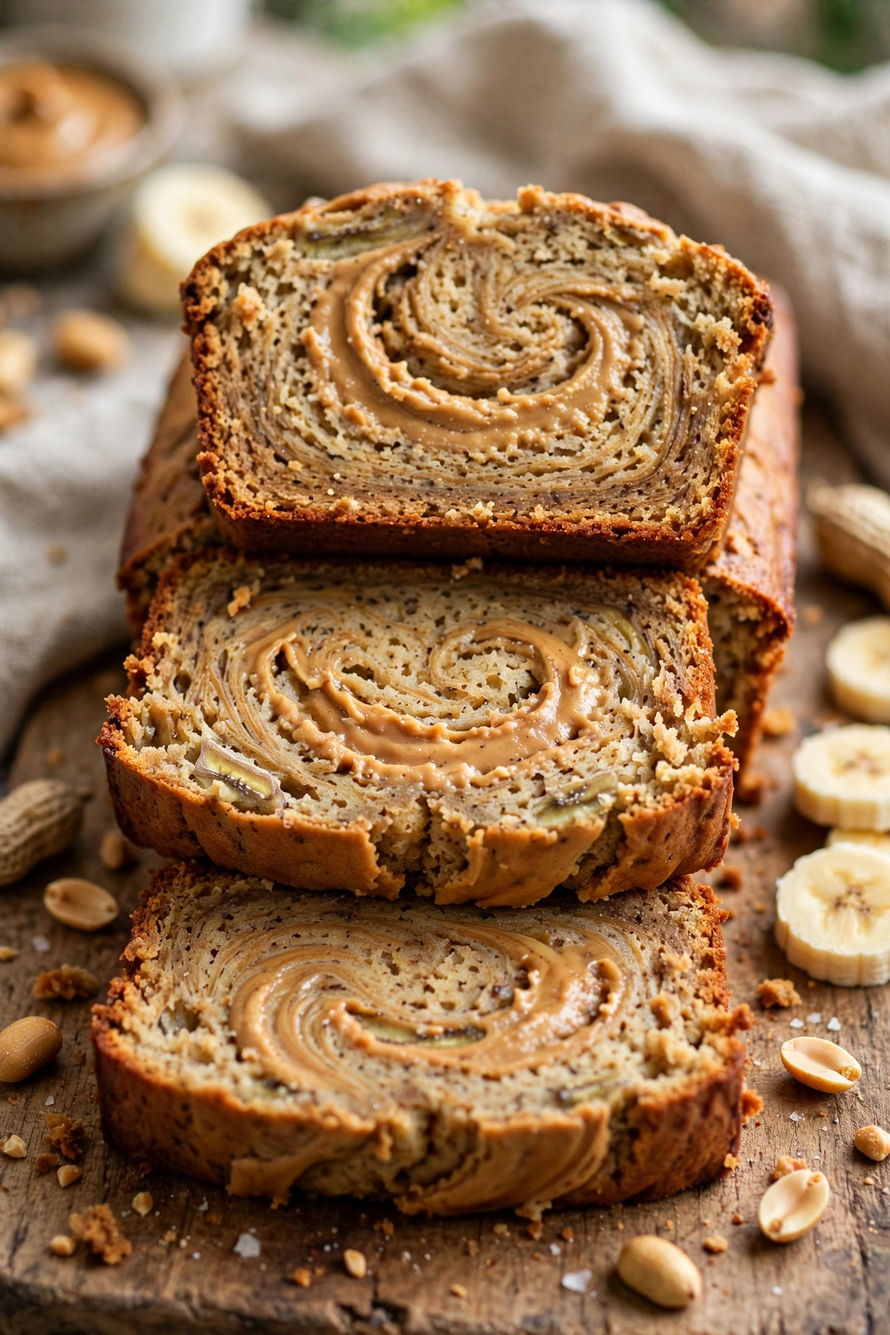 Peanut butter banana bread sliced with swirl