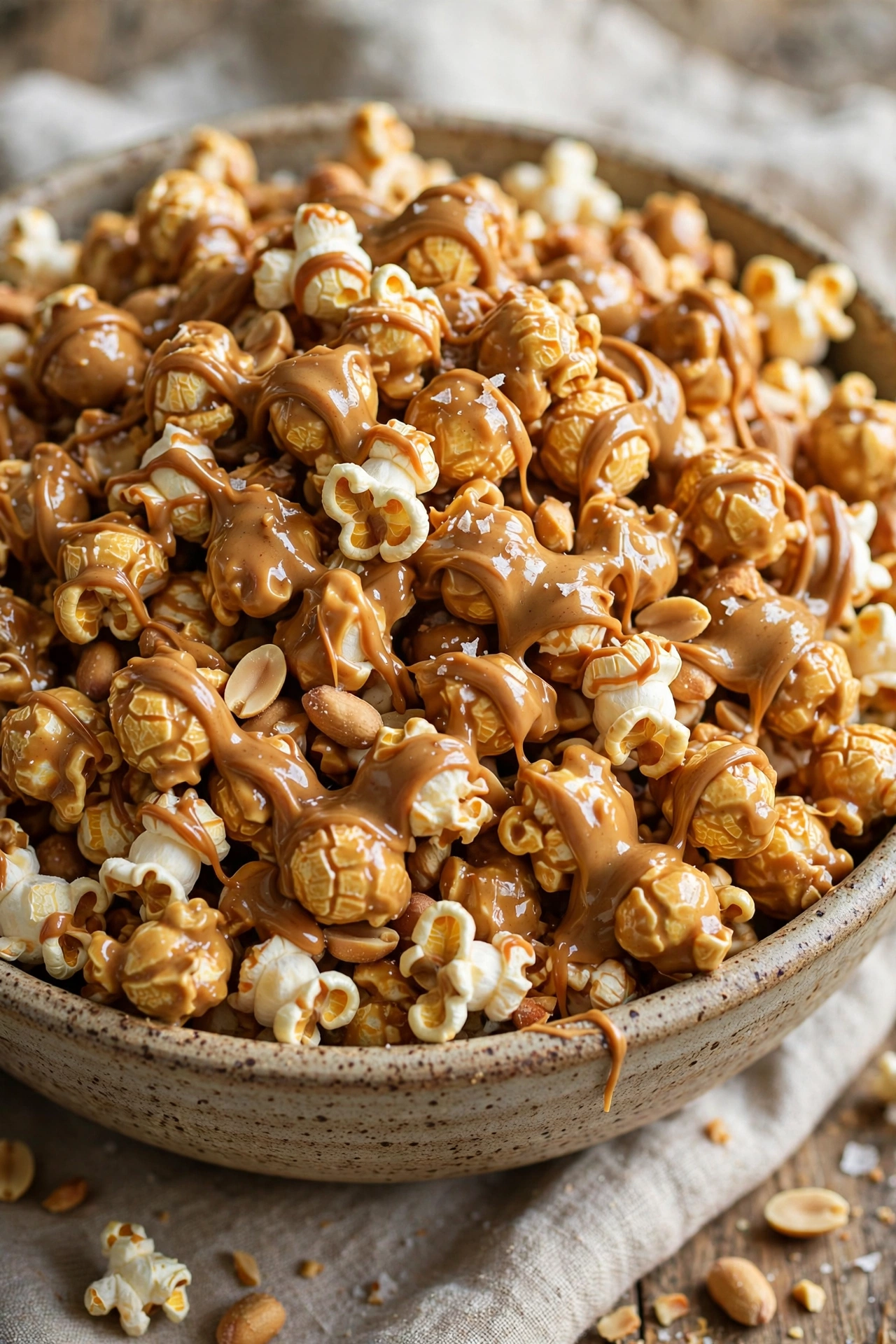 Peanut butter popcorn drizzled in a big bowl