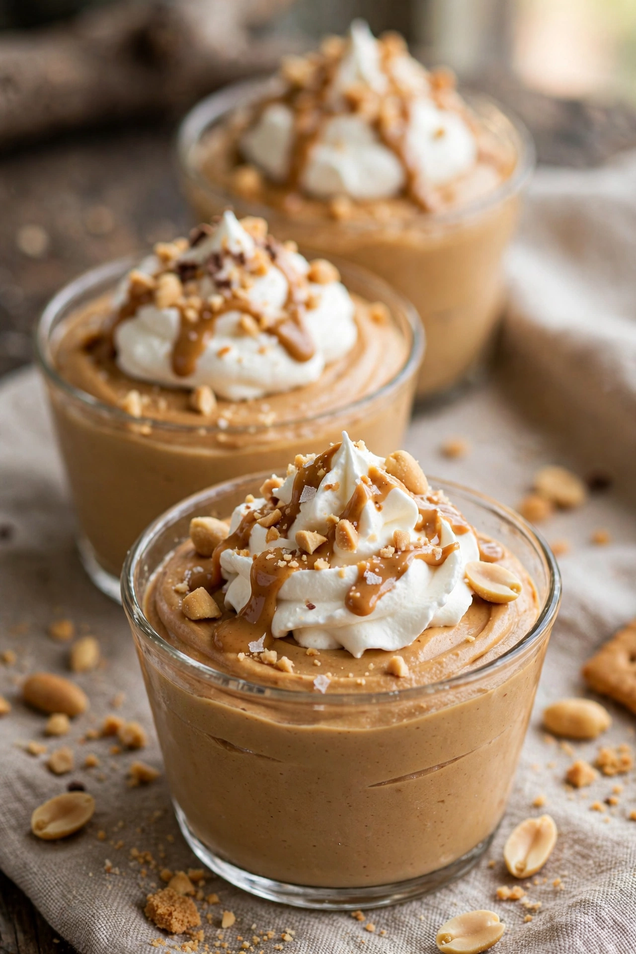 Peanut butter mousse cups with whipped cream