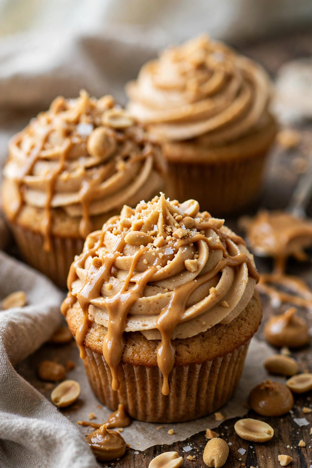 Peanut butter cupcakes with peanut butter frosting and drizzle