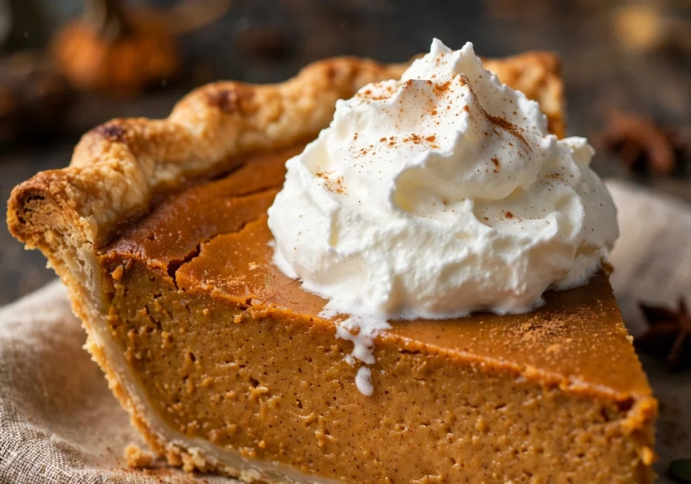 Pumpkin pie slice with whipped cream