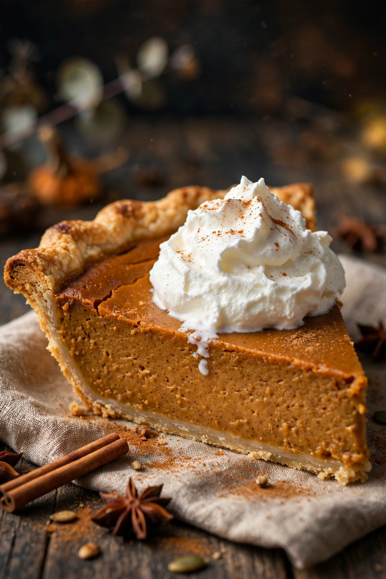 Pumpkin pie slice with whipped cream
