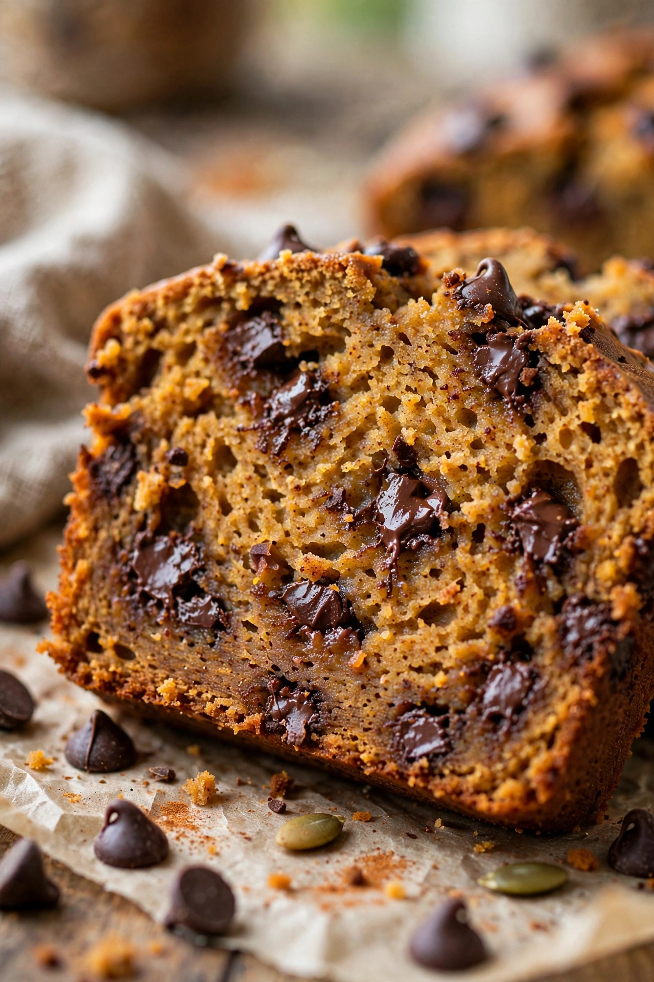 Pumpkin bread sliced moist with chocolate chips