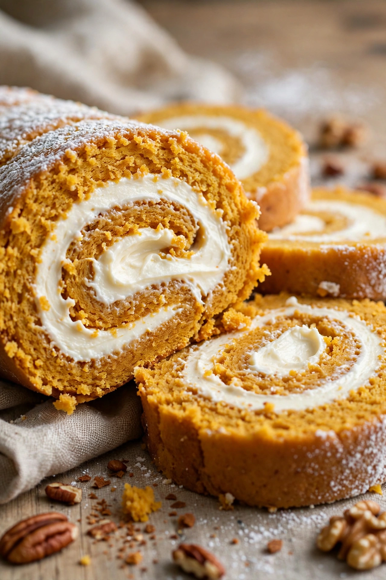 Pumpkin roll sliced showing cream cheese swirl