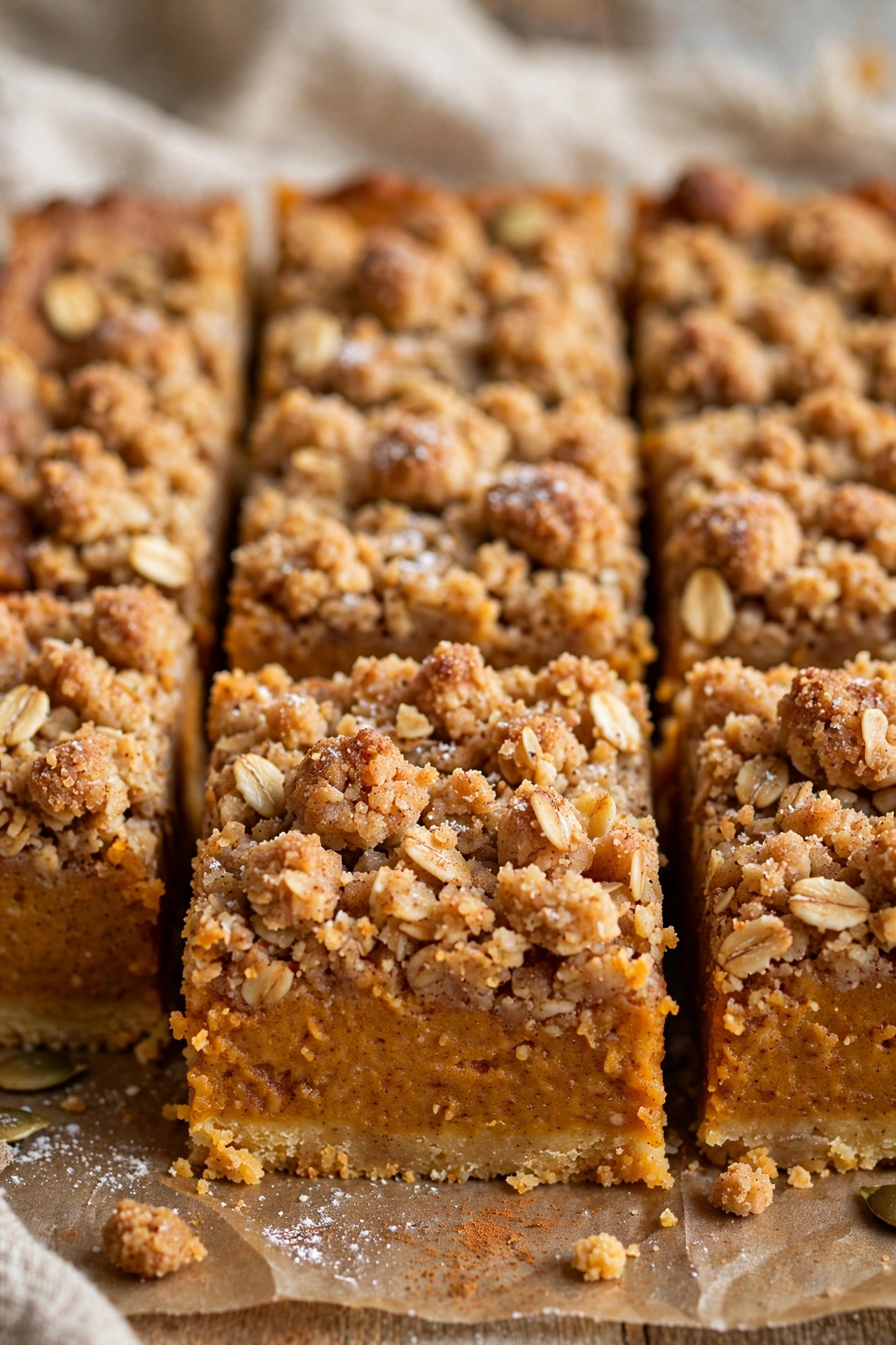 Pumpkin bars with crumb topping cut in squares