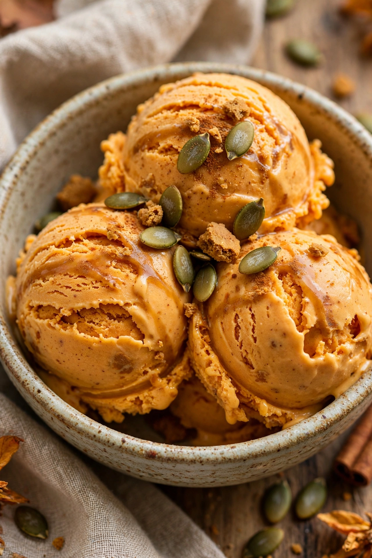 Pumpkin ice cream scoops orange in a bowl