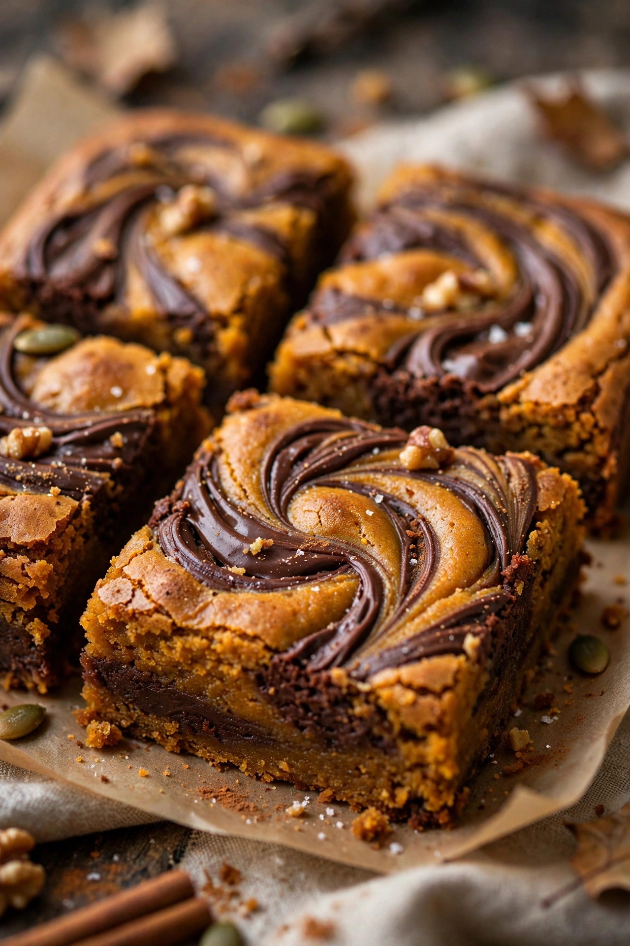 Pumpkin brownies swirled with chocolate