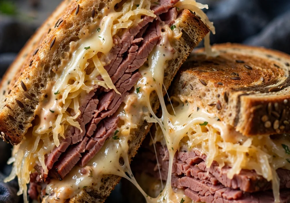 Classic Reuben sandwich cut in half showing corned beef sauerkraut and melted Swiss