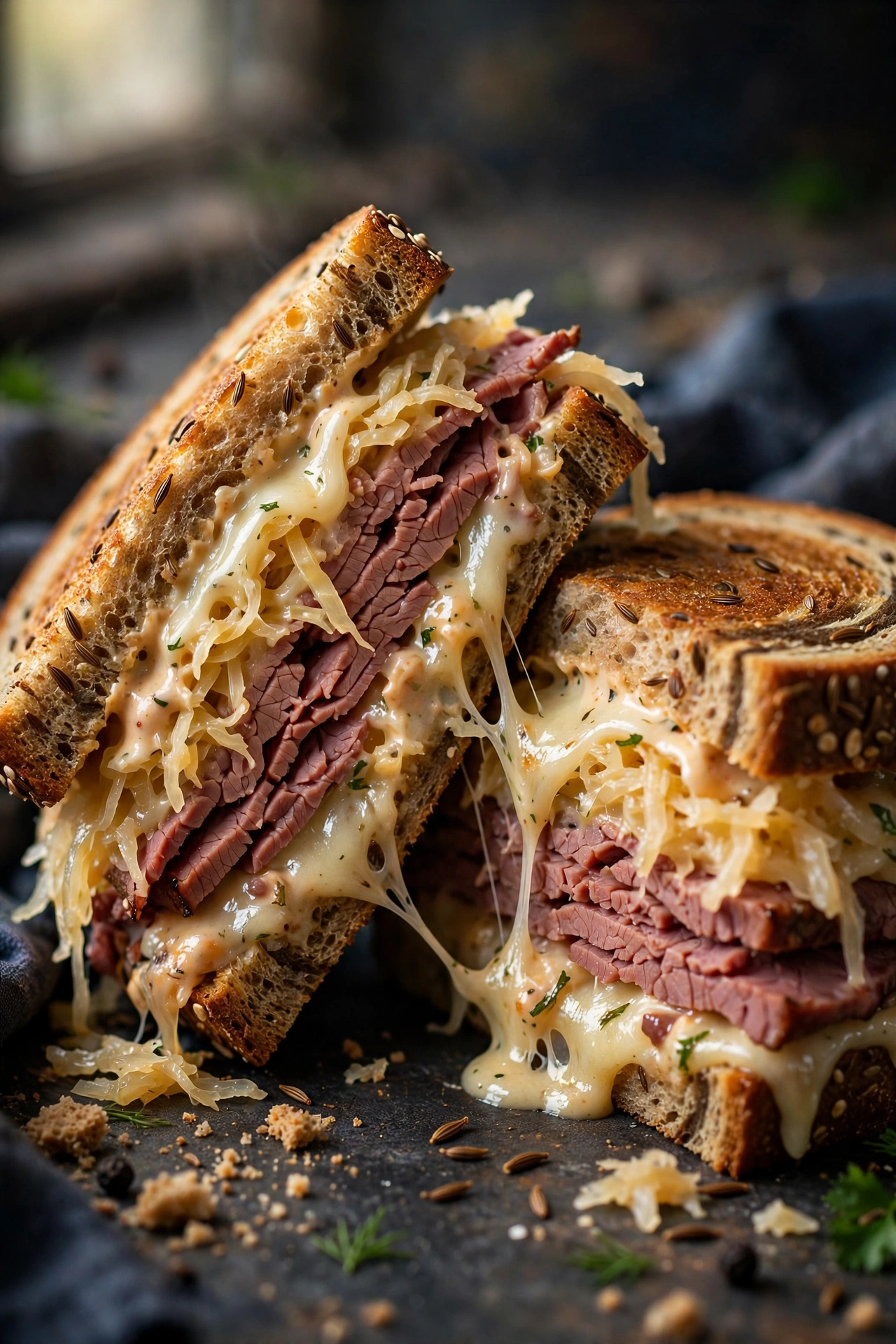 Classic Reuben sandwich cut in half showing corned beef sauerkraut and melted Swiss