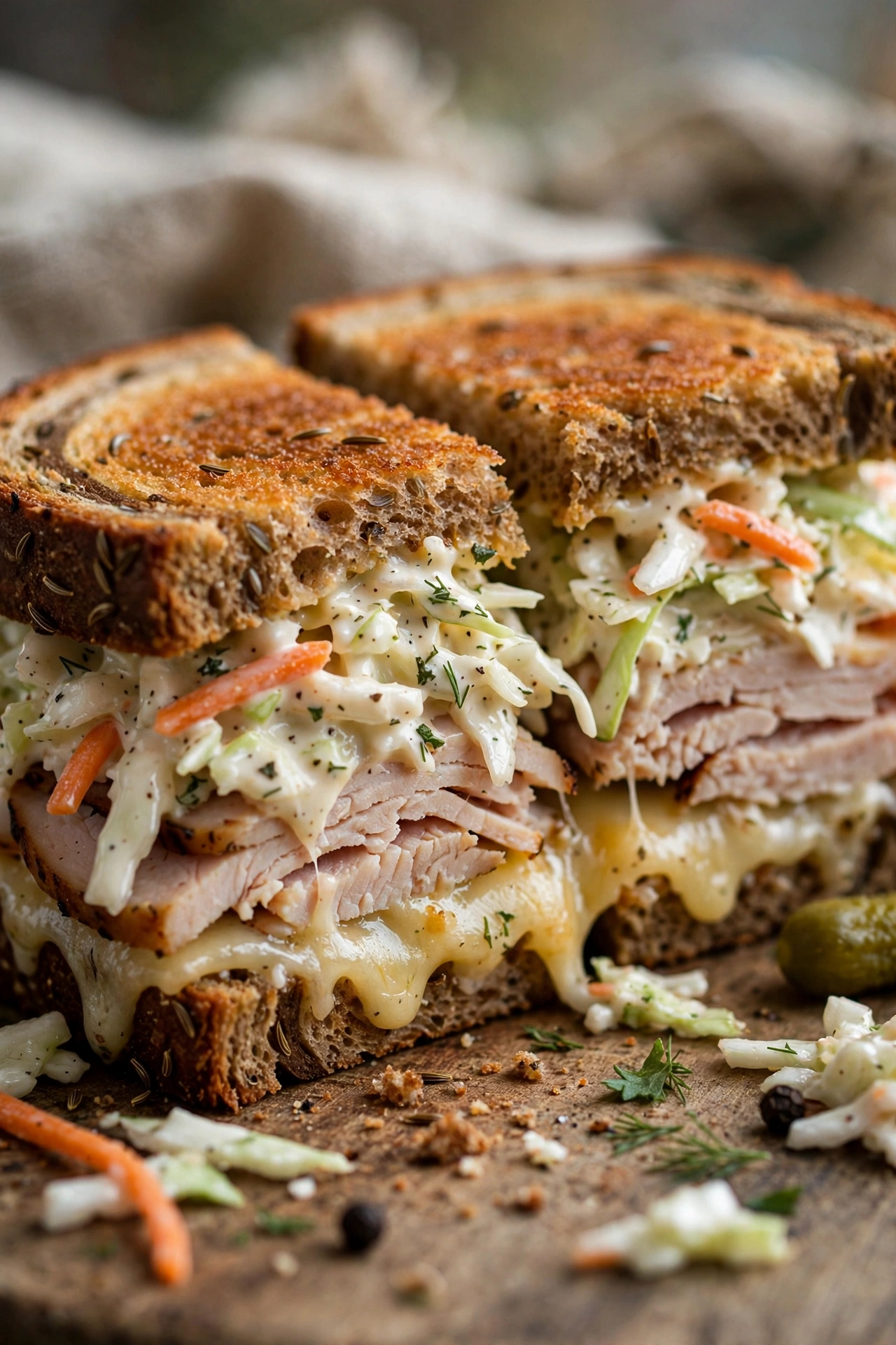 Turkey Reuben Rachel sandwich with coleslaw and Swiss cheese