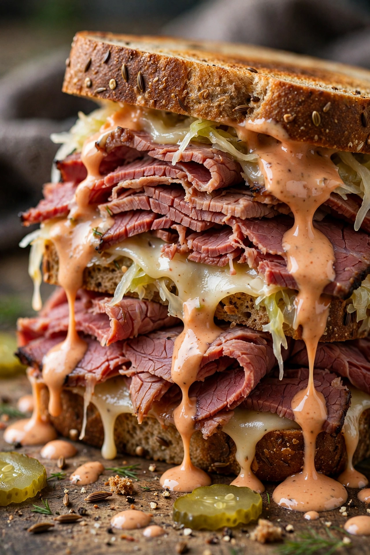 Pastrami Reuben sandwich with extra meat and Russian dressing dripping