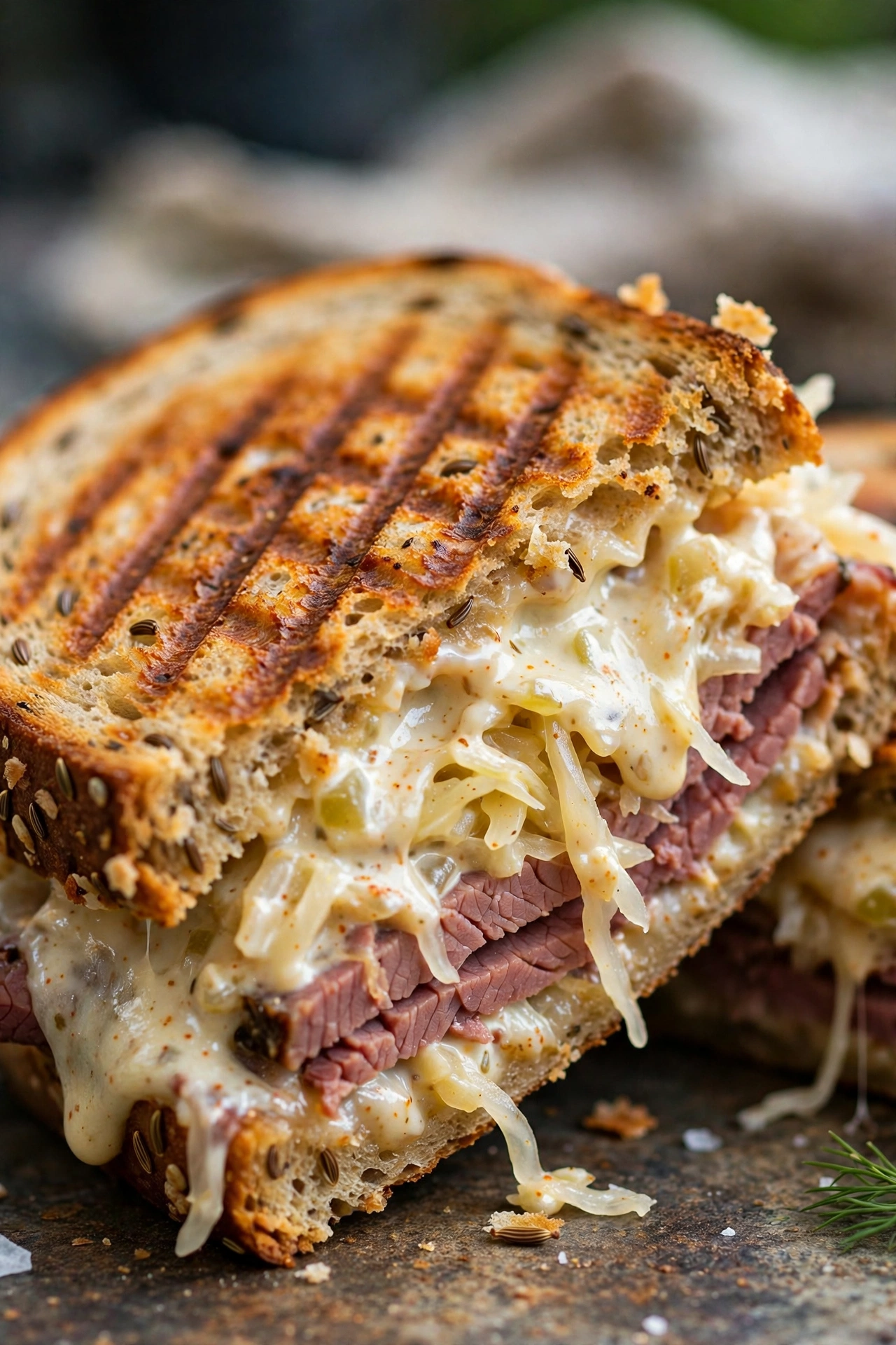 Reuben panini with golden pressed grill marks