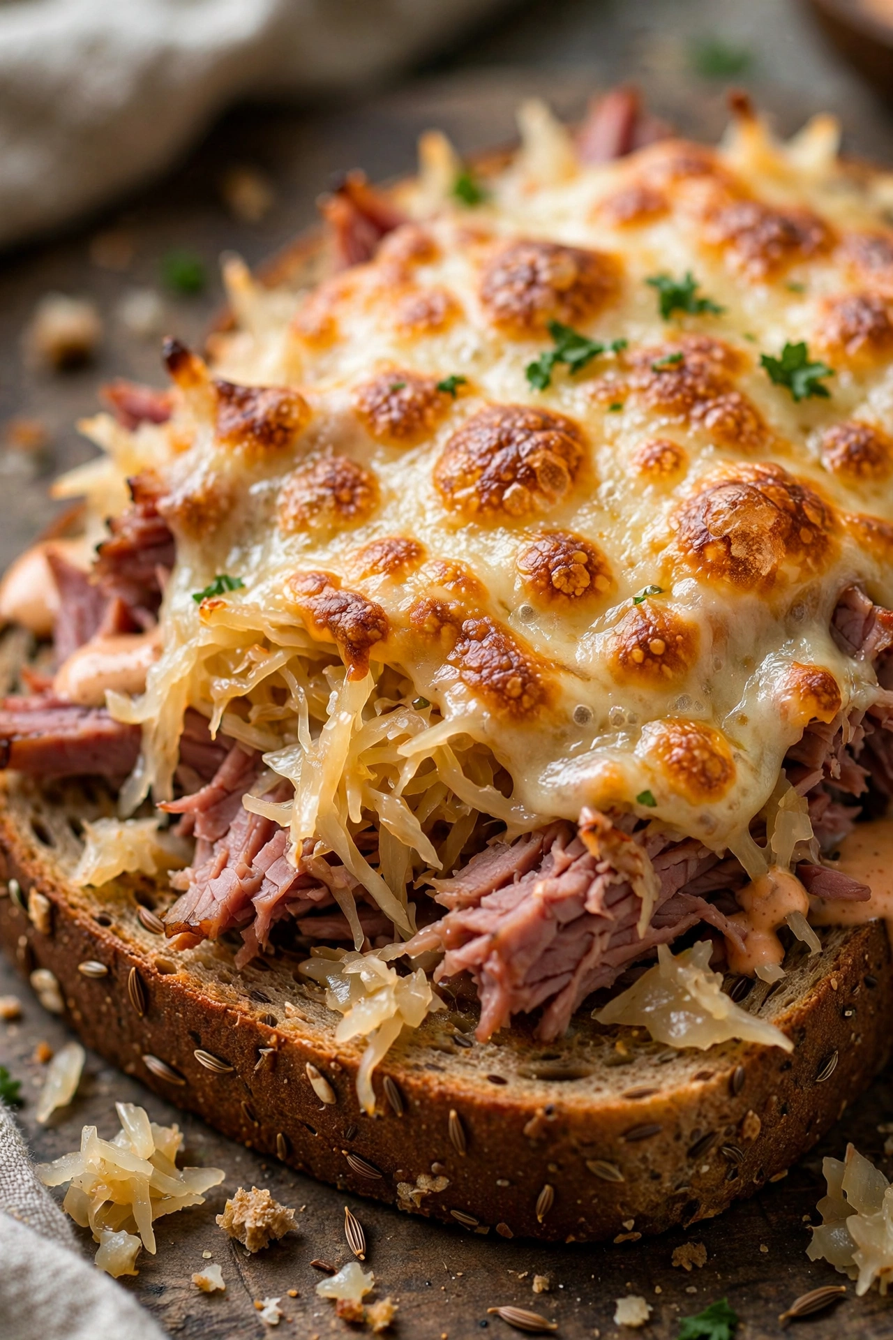 Open-faced Reuben melt on rye with bubbly cheese
