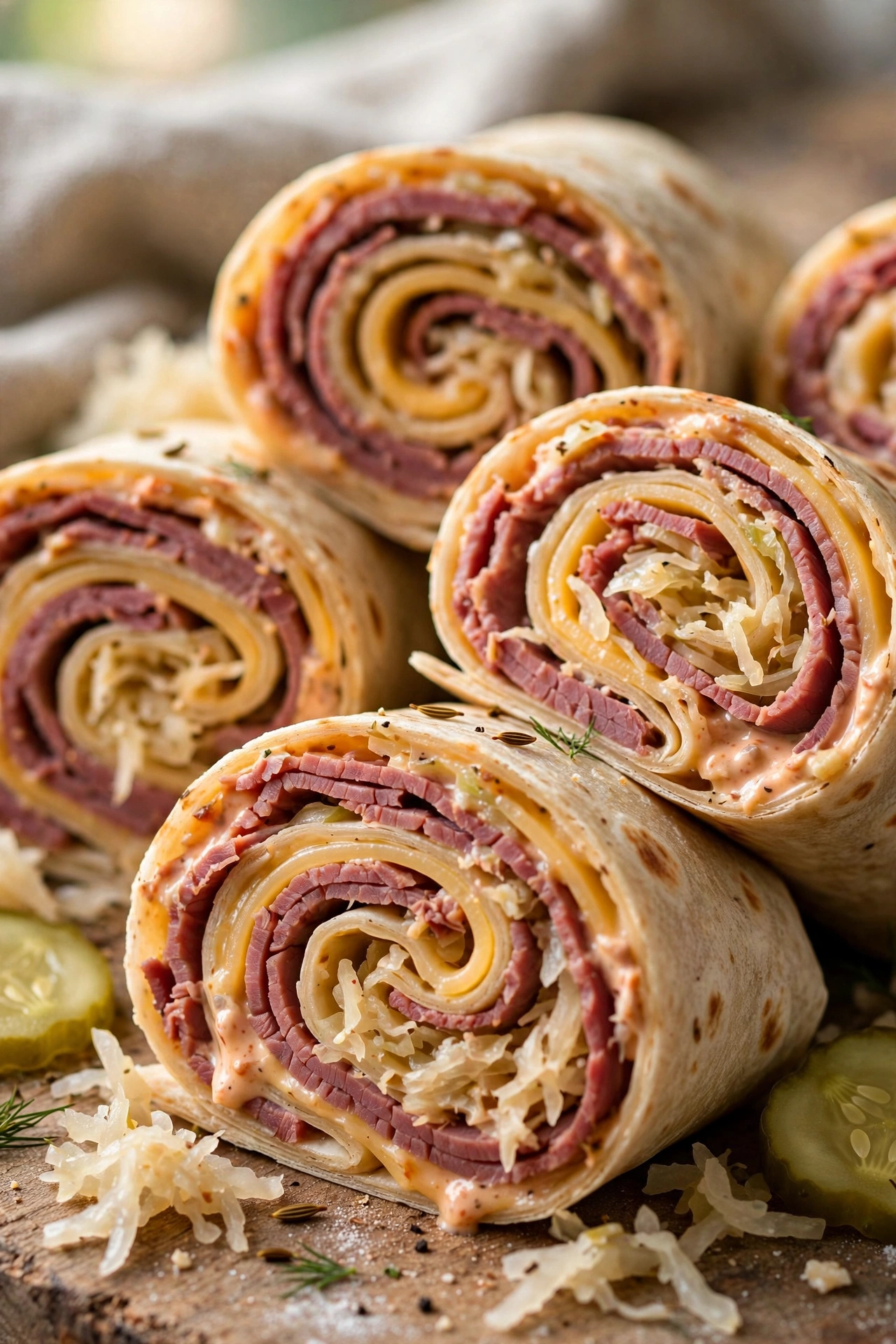 Sliced Reuben wrap showing spiral filling